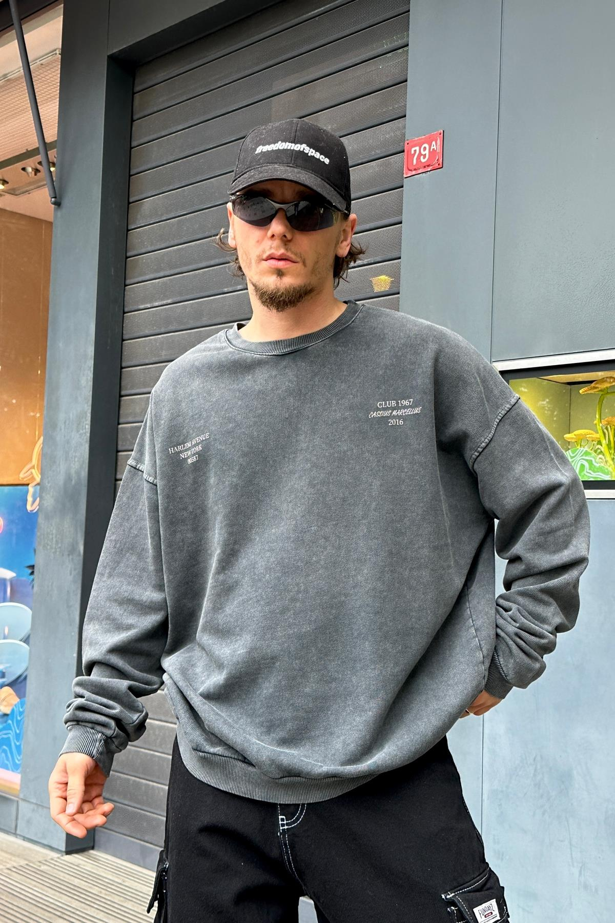 Baskılı Acid Wash Oversize Sweatshirt SW992
