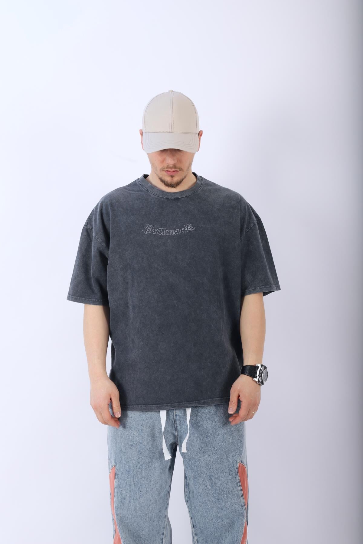 Baskılı Acid Wash Oversize Tshirt T948