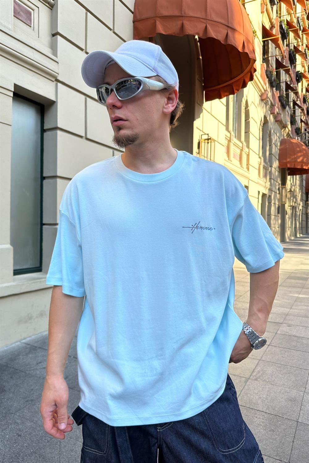 Baskılı Açık Mavi Oversize Tshirt T860