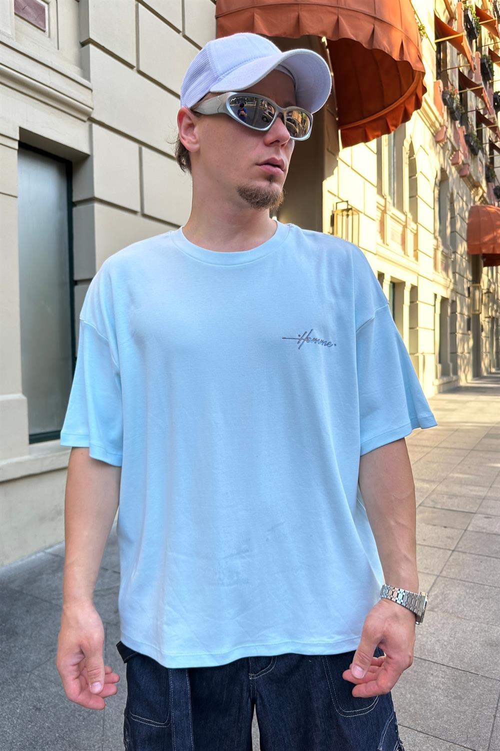 Baskılı Açık Mavi Oversize Tshirt T860