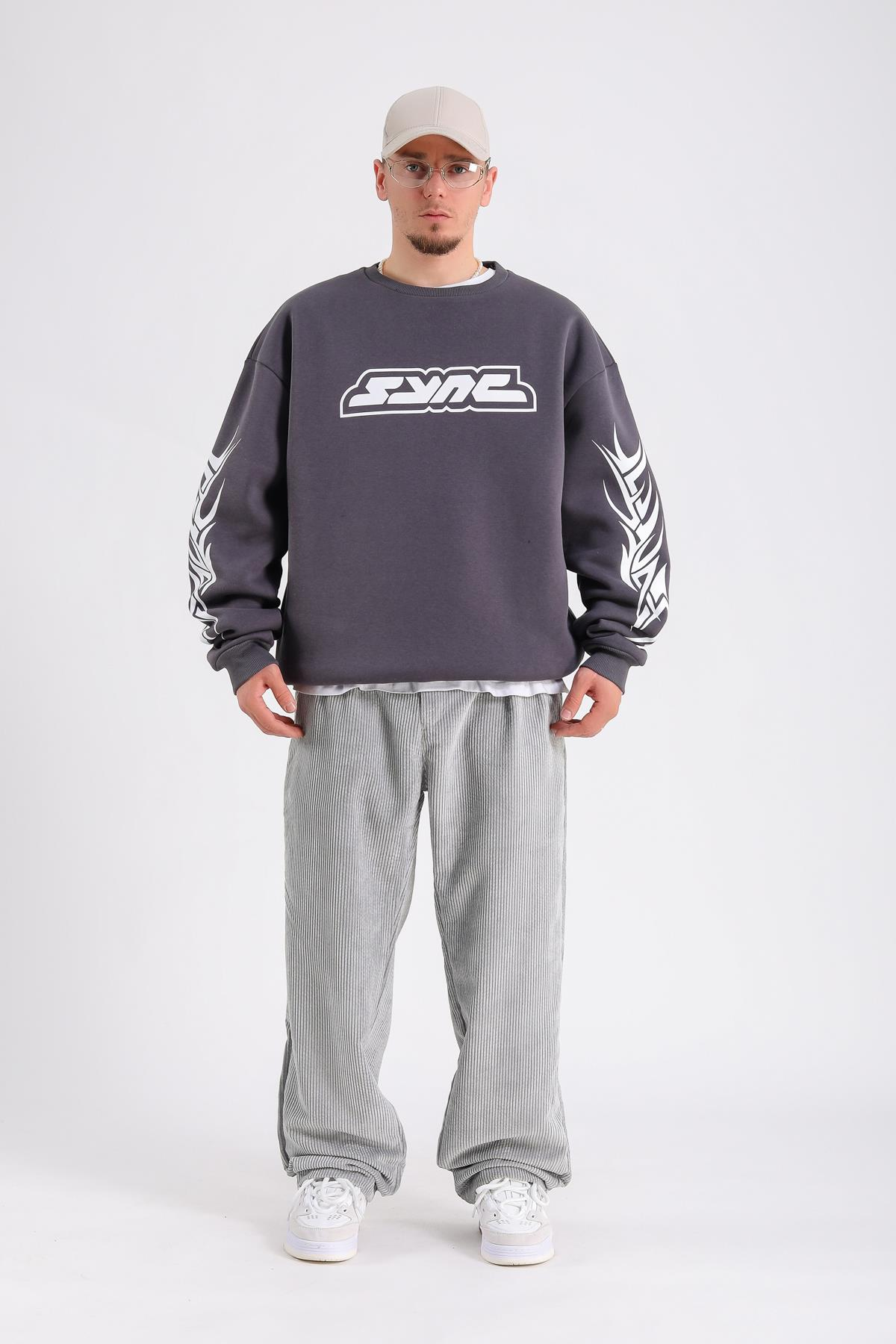 Baskılı Antrasit Oversize Sync Sweatshirt SW1213