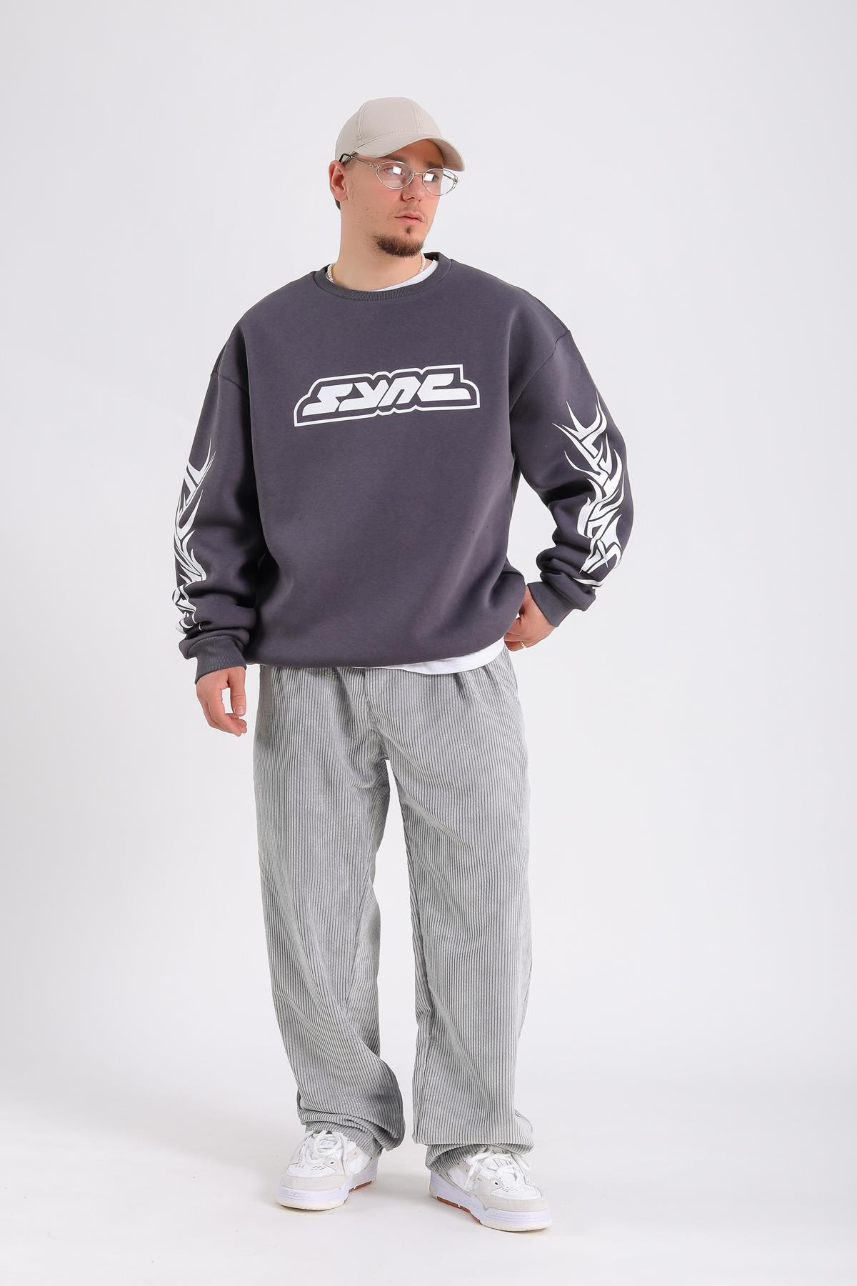 Baskılı Antrasit Oversize Sync Sweatshirt SW1213
