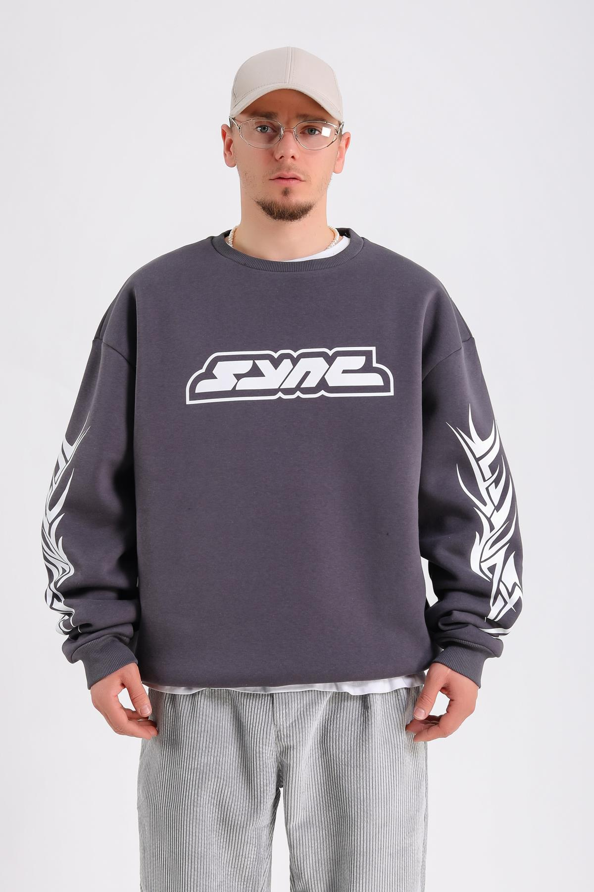 Baskılı Antrasit Oversize Sync Sweatshirt SW1213