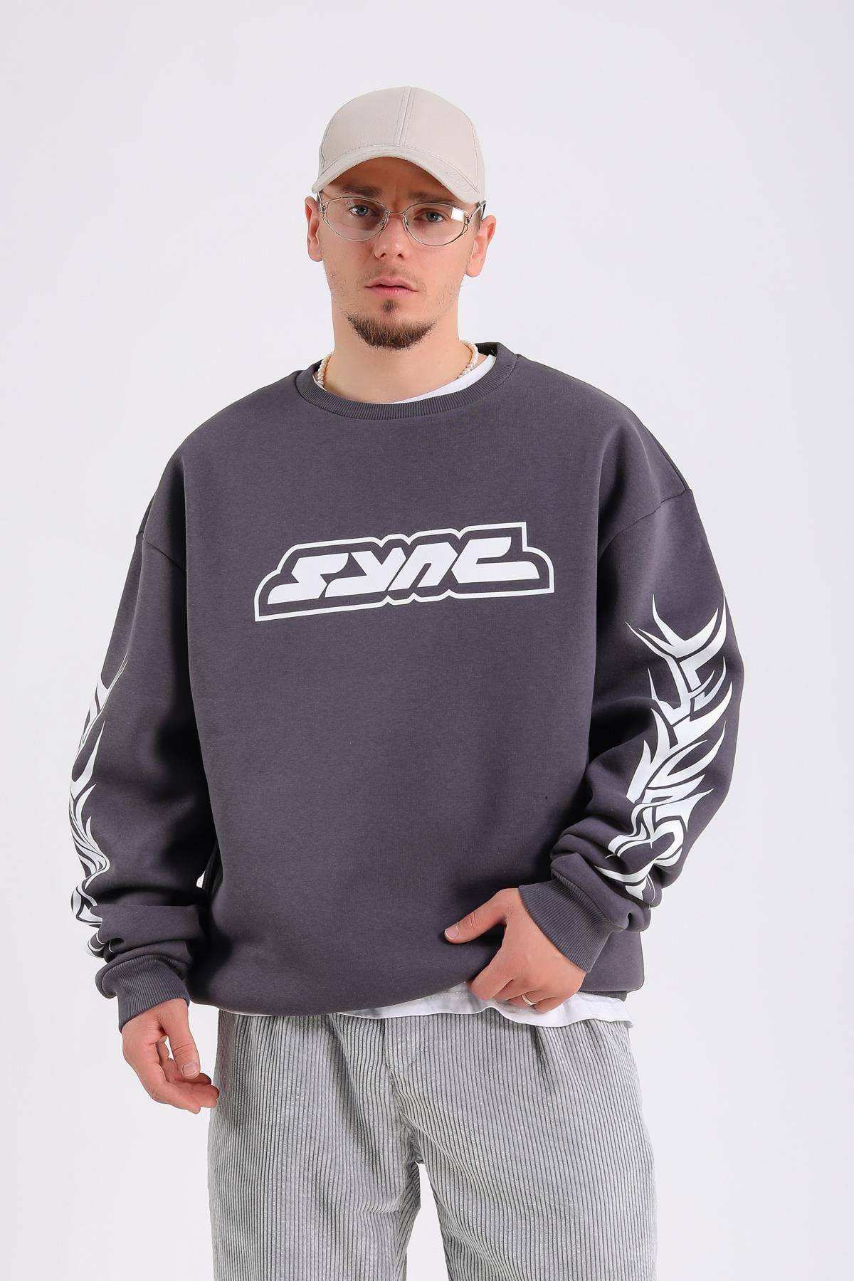 Baskılı Antrasit Oversize Sync Sweatshirt SW1213