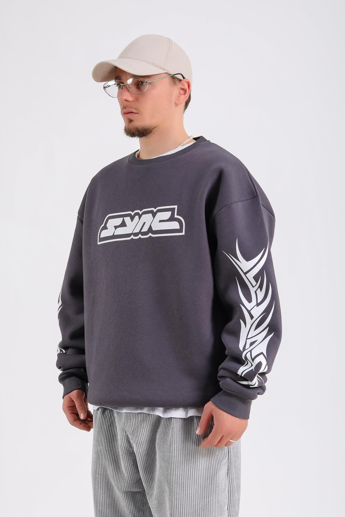 Baskılı Antrasit Oversize Sync Sweatshirt SW1213