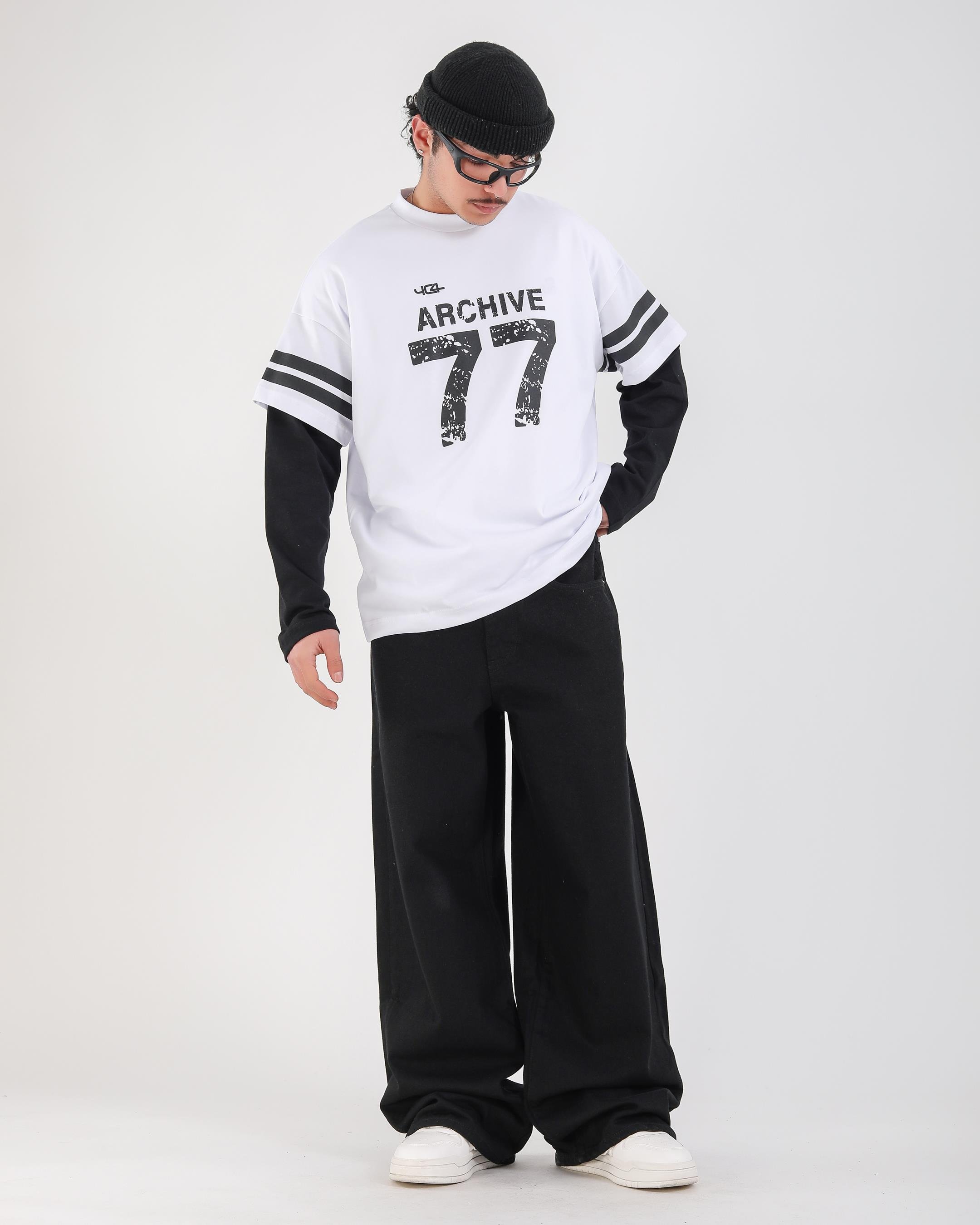 Baskılı Beyaz Archive Oversize Uzun Kollu Tshirt