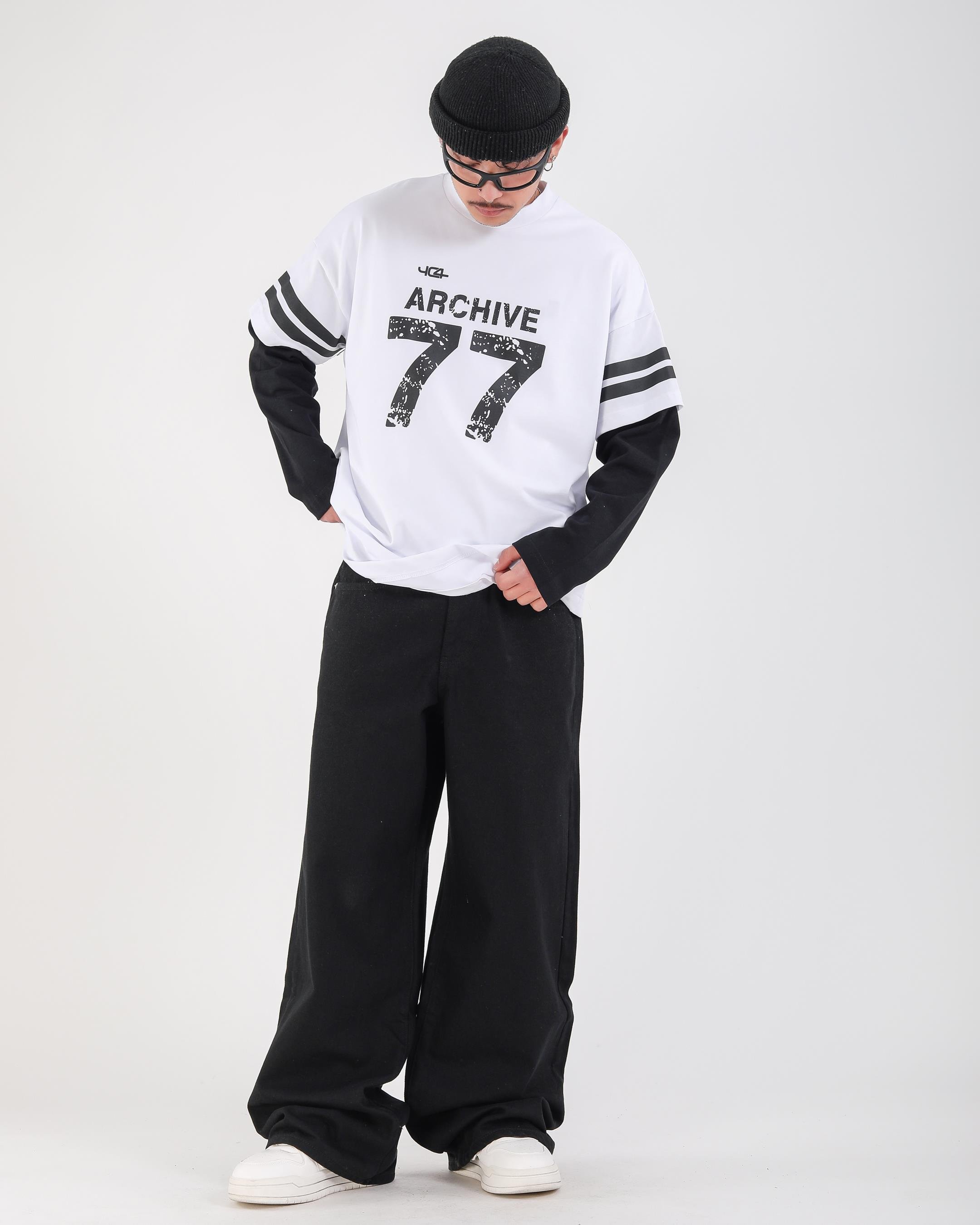 Baskılı Beyaz Archive Oversize Uzun Kollu Tshirt
