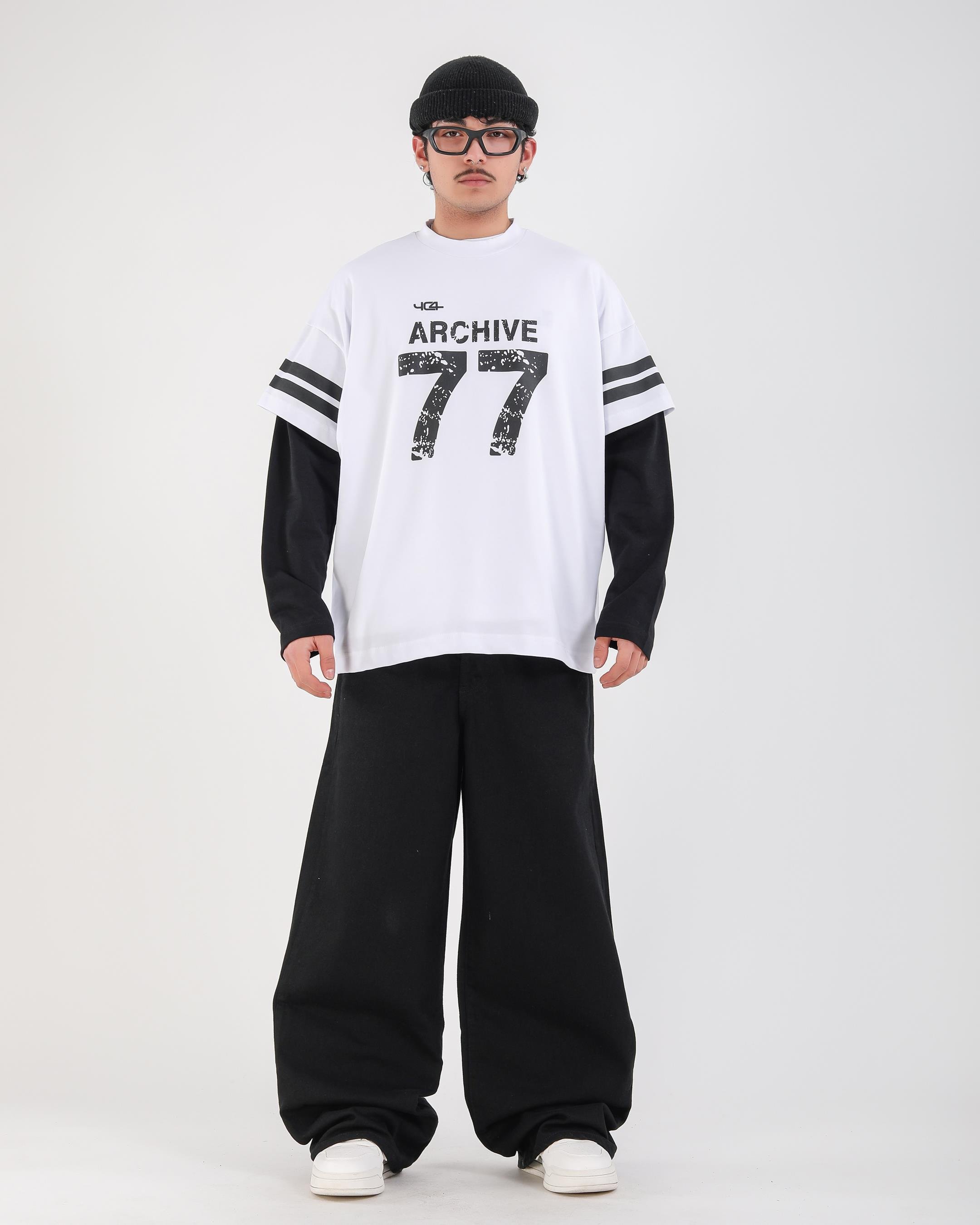 Baskılı Beyaz Archive Oversize Uzun Kollu Tshirt
