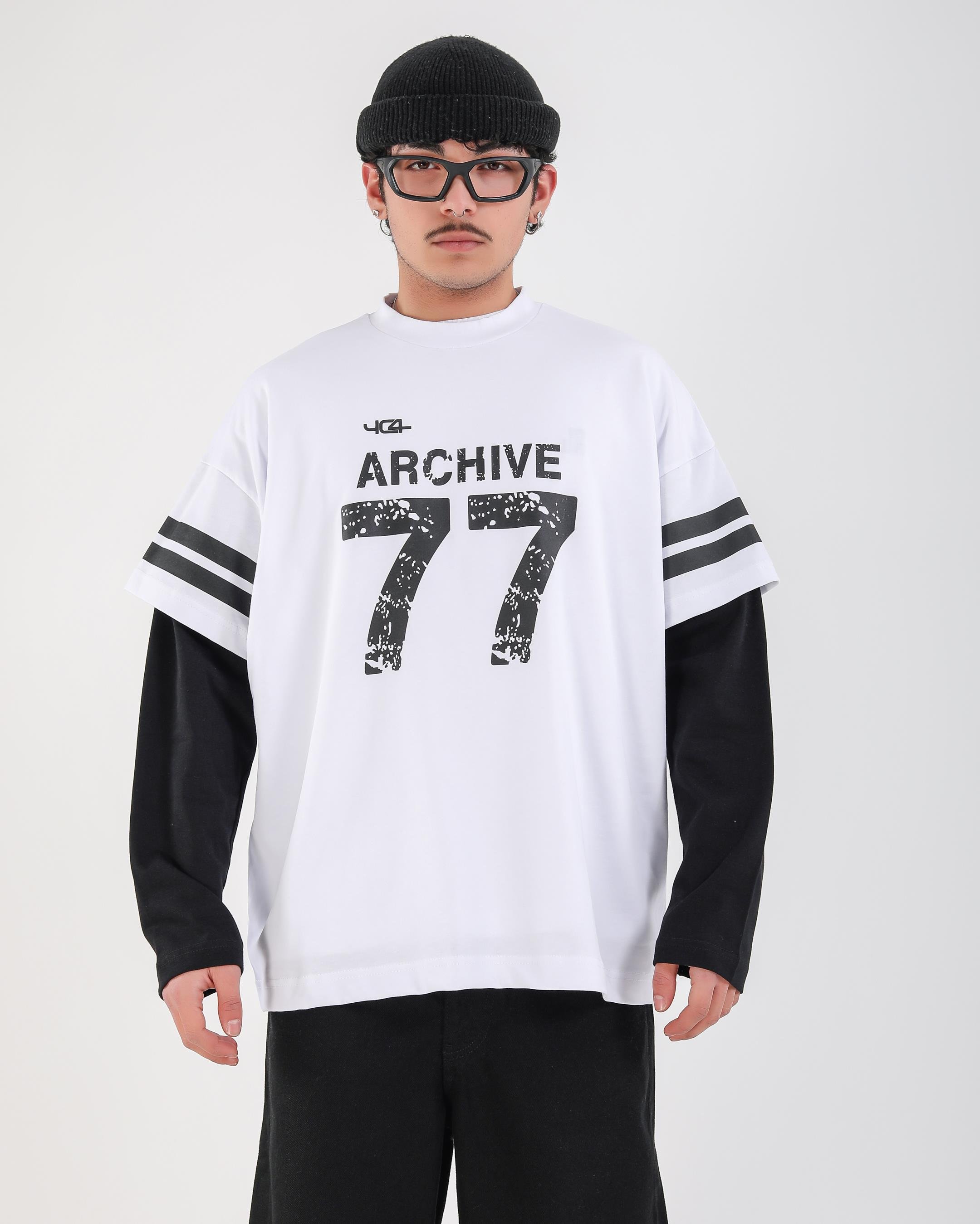 Baskılı Beyaz Archive Oversize Uzun Kollu Tshirt