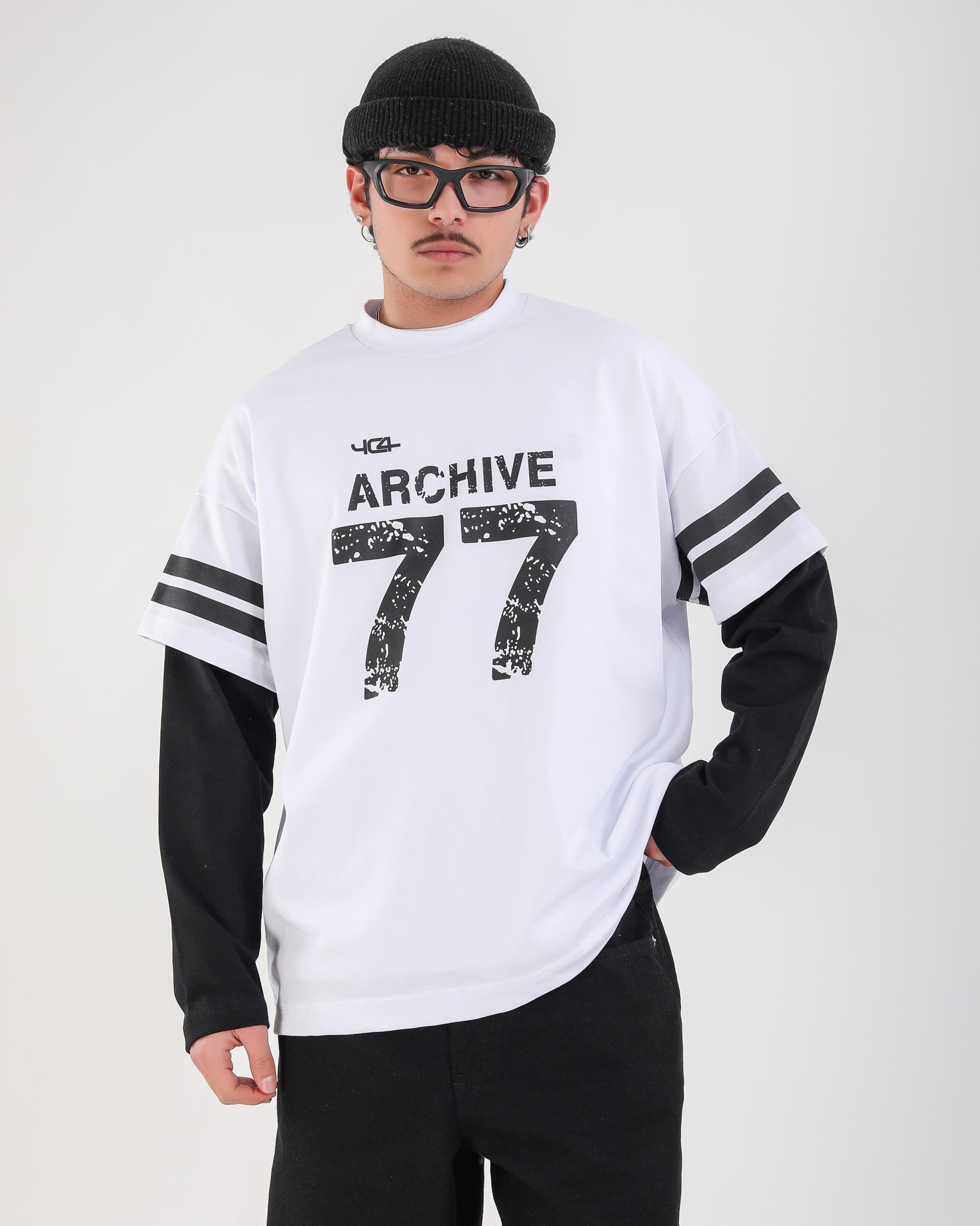 Baskılı Beyaz Archive Oversize Uzun Kollu Tshirt