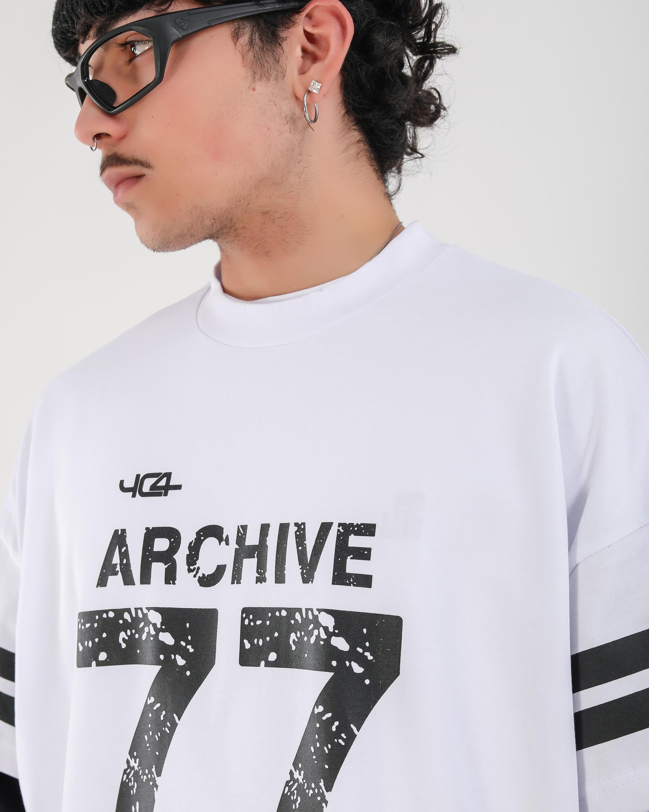 Baskılı Beyaz Archive Oversize Uzun Kollu Tshirt