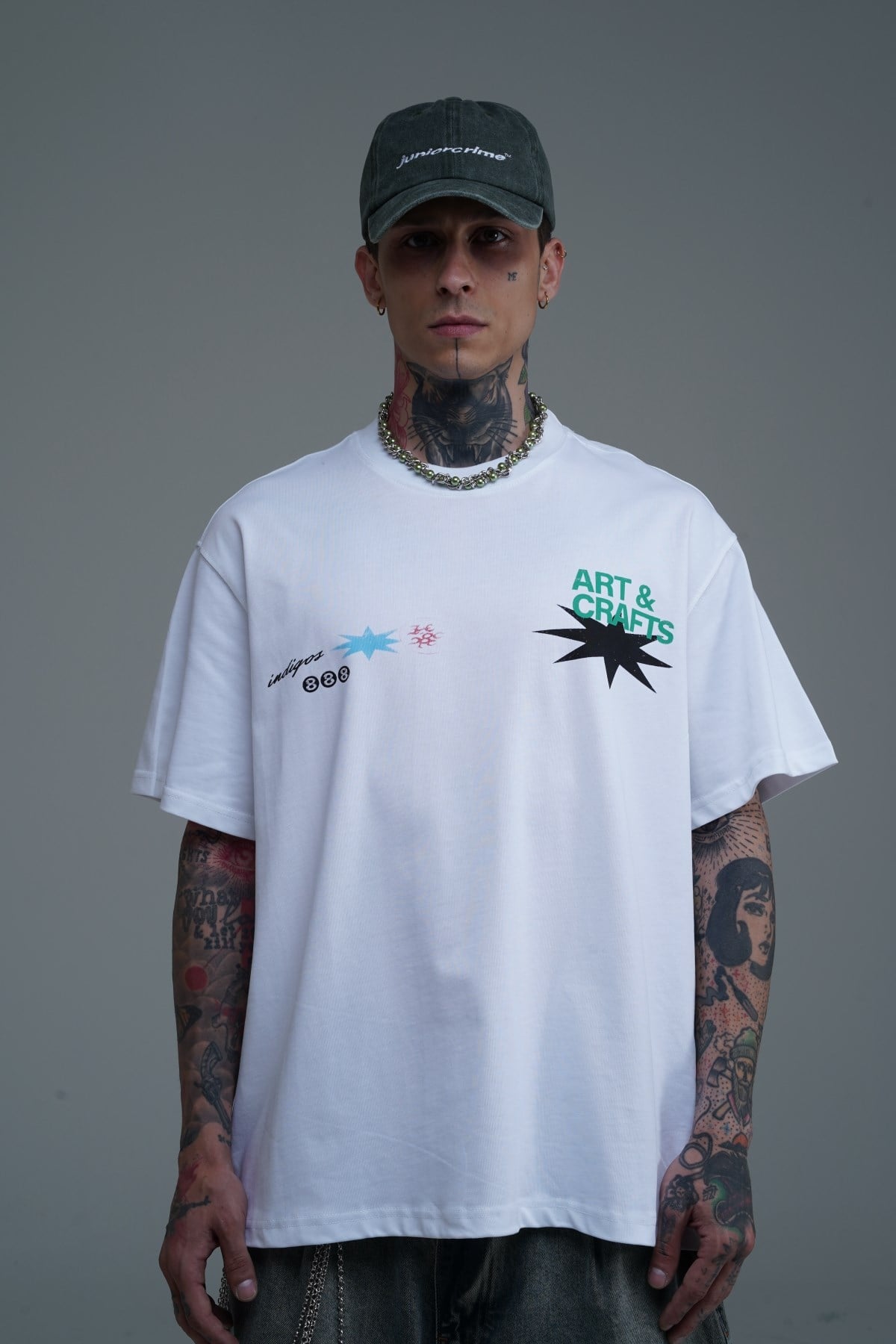 Baskılı Bisiklet Yaka Beyaz Oversize Tshirt CT01 MRT26073