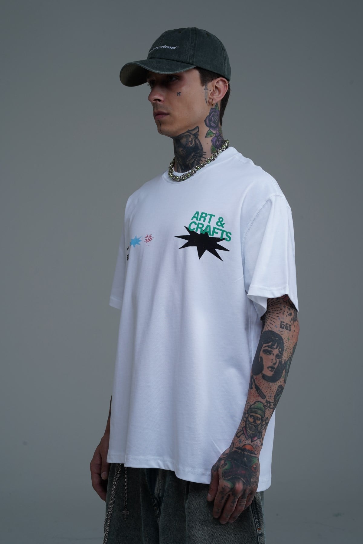 Baskılı Bisiklet Yaka Beyaz Oversize Tshirt CT01 MRT26073
