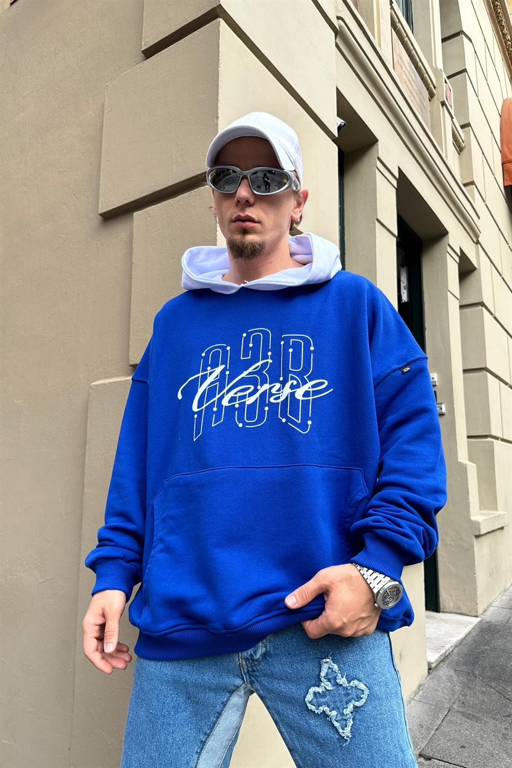 Baskılı Cap Detay Mavi Oversize Sweatshirt SW886