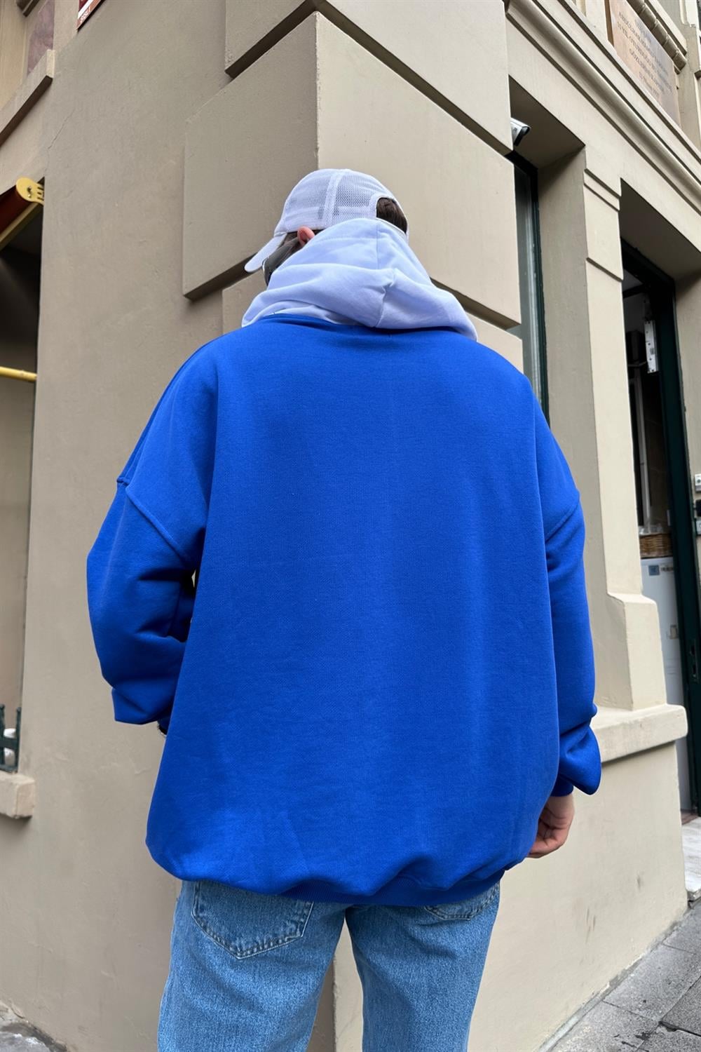 Baskılı Cap Detay Mavi Oversize Sweatshirt SW886