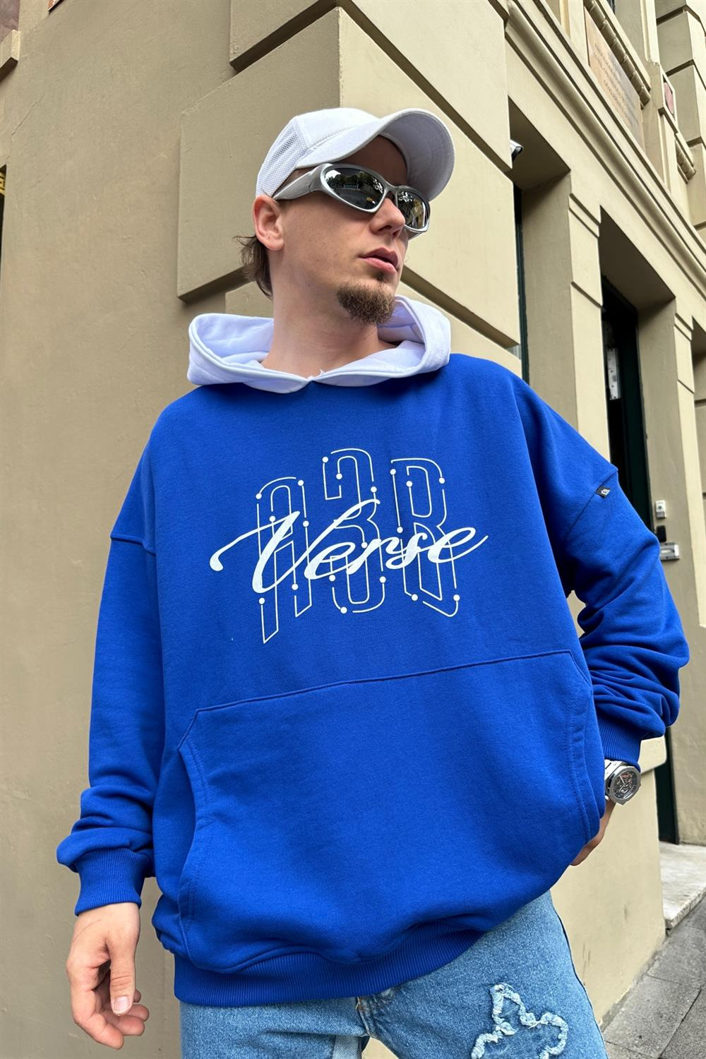 Baskılı Cap Detay Mavi Oversize Sweatshirt SW886