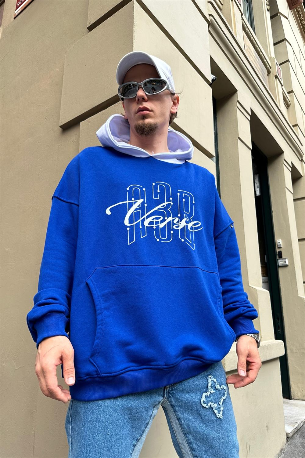 Baskılı Cap Detay Mavi Oversize Sweatshirt SW886