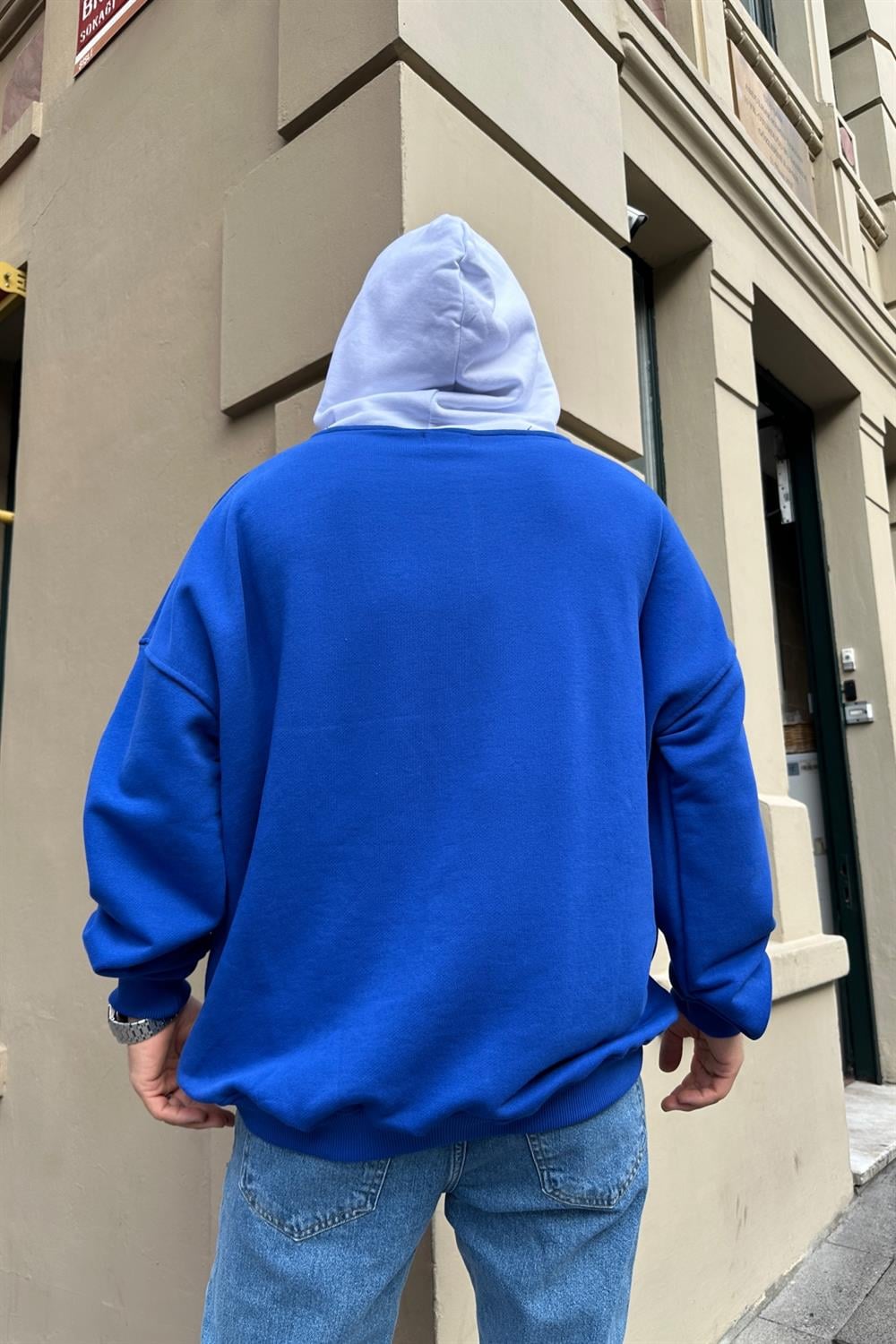 Baskılı Cap Detay Mavi Oversize Sweatshirt SW886