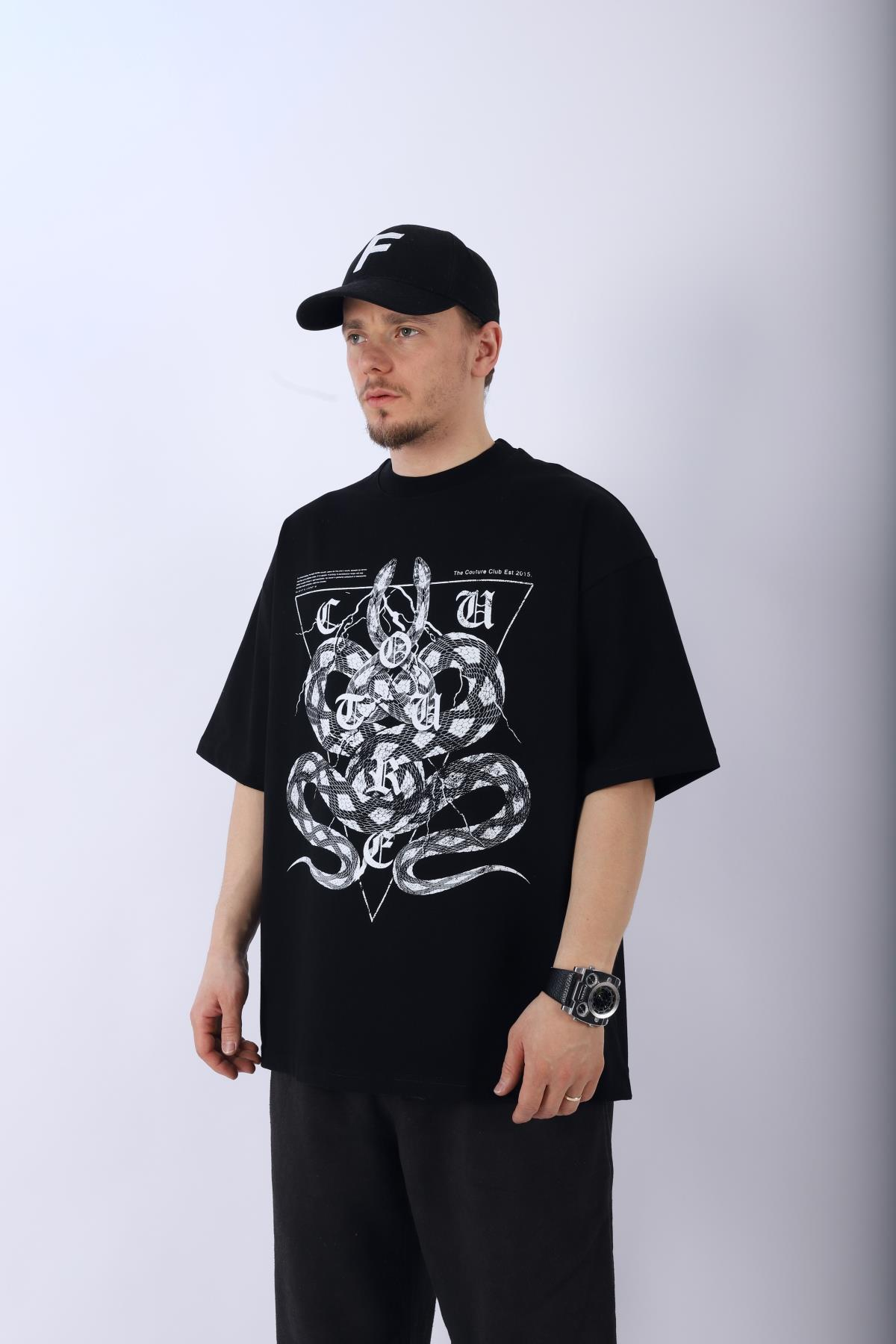 Baskılı Couture Siyah Oversize Tshirt T946