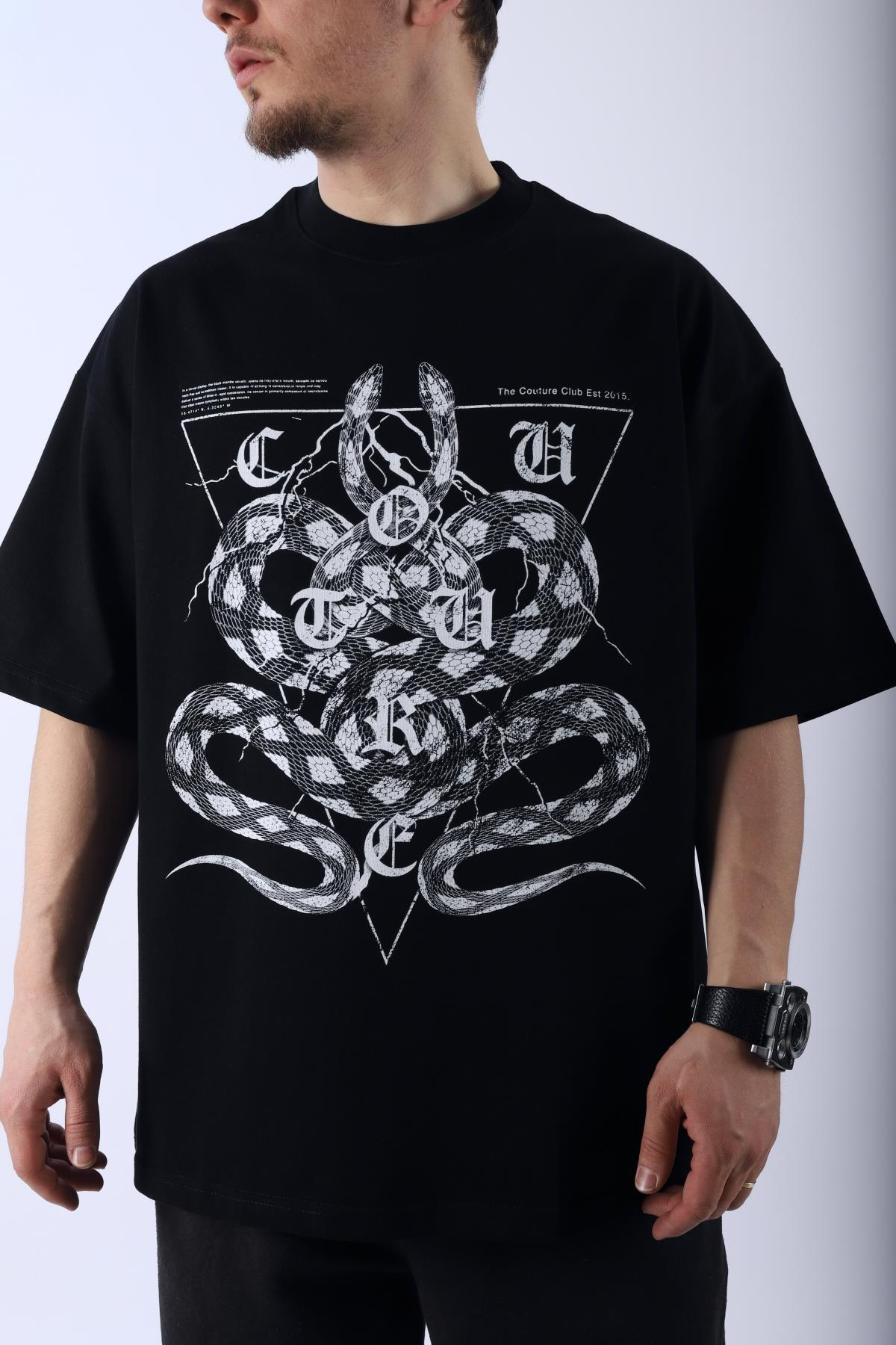 Baskılı Couture Siyah Oversize Tshirt T946