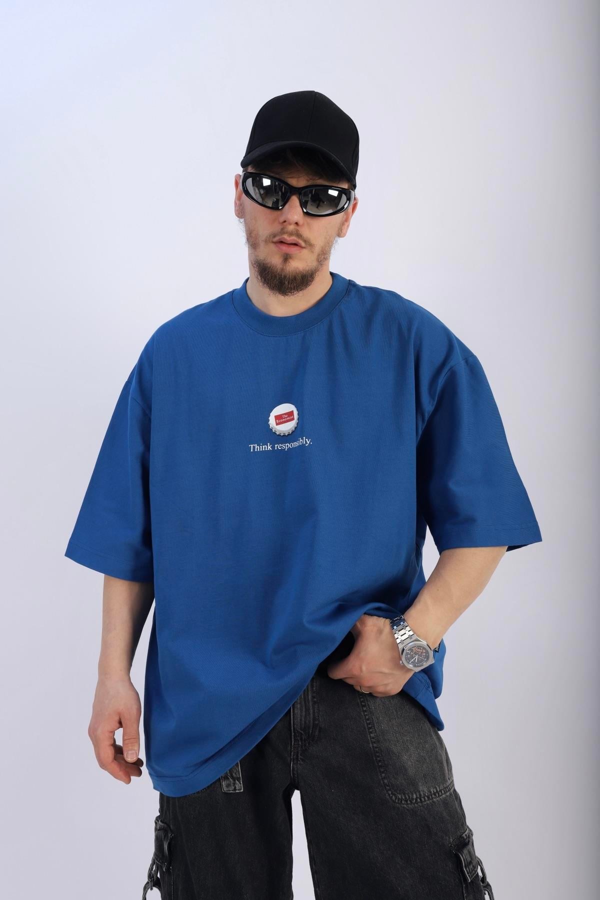 Baskılı Economist Mavi Oversize Tshirt T896