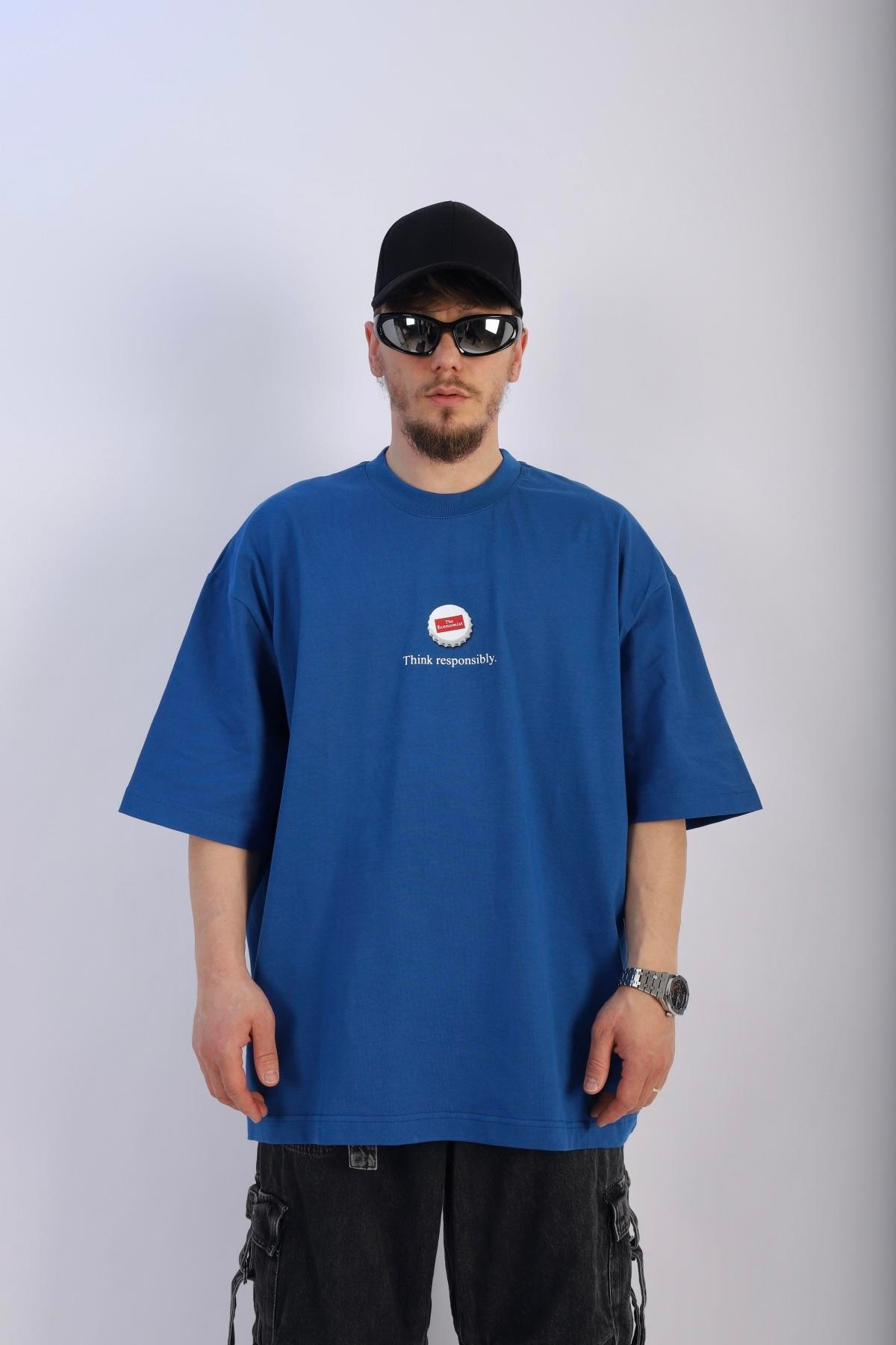 Baskılı Economist Mavi Oversize Tshirt T896