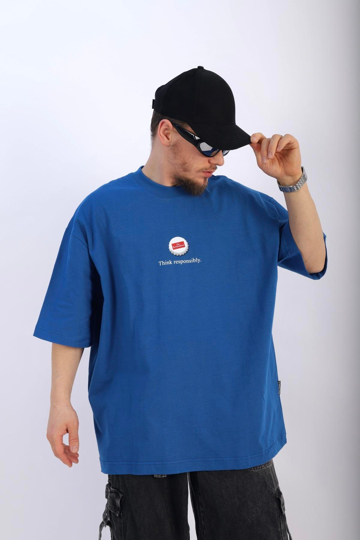 Baskılı Economist Mavi Oversize Tshirt T896