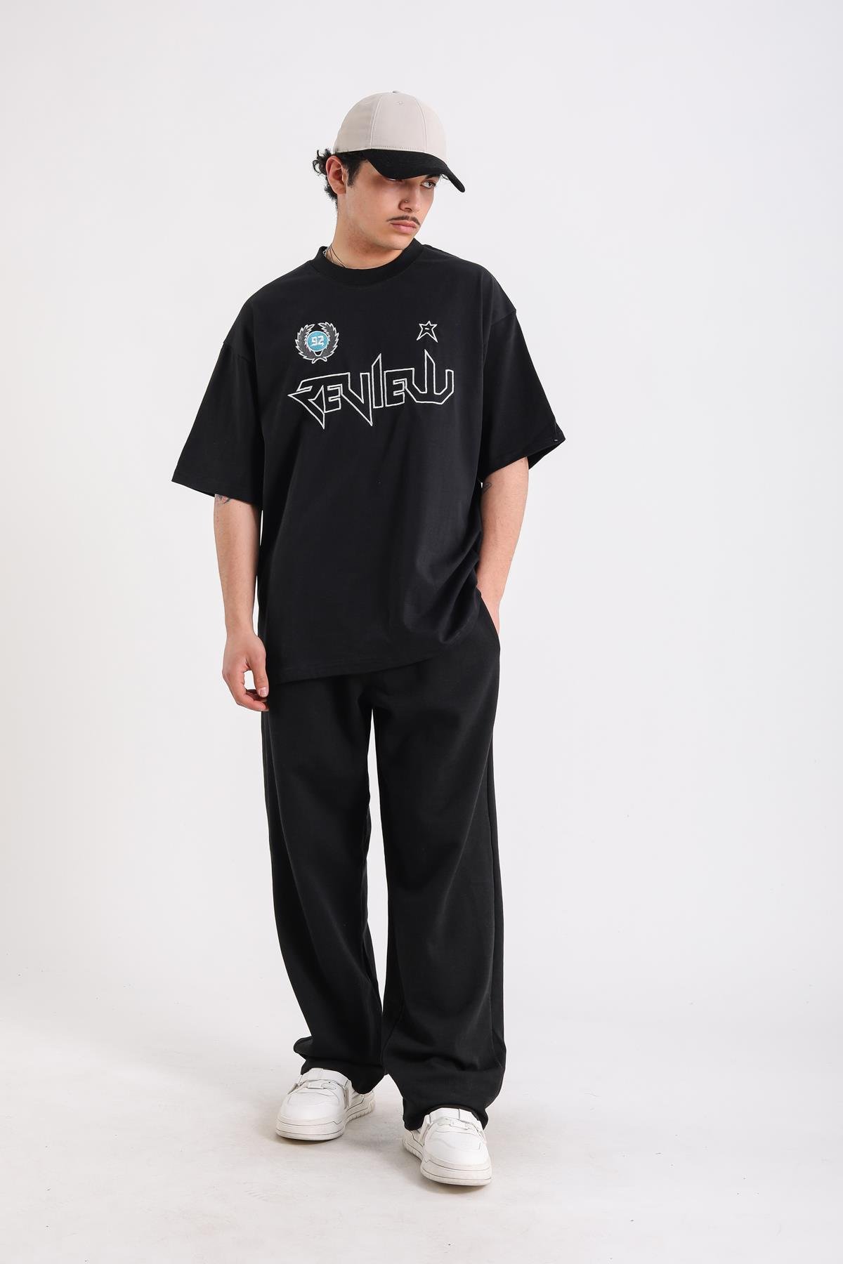 Baskılı Font Siyah Oversize Rv Tshirt