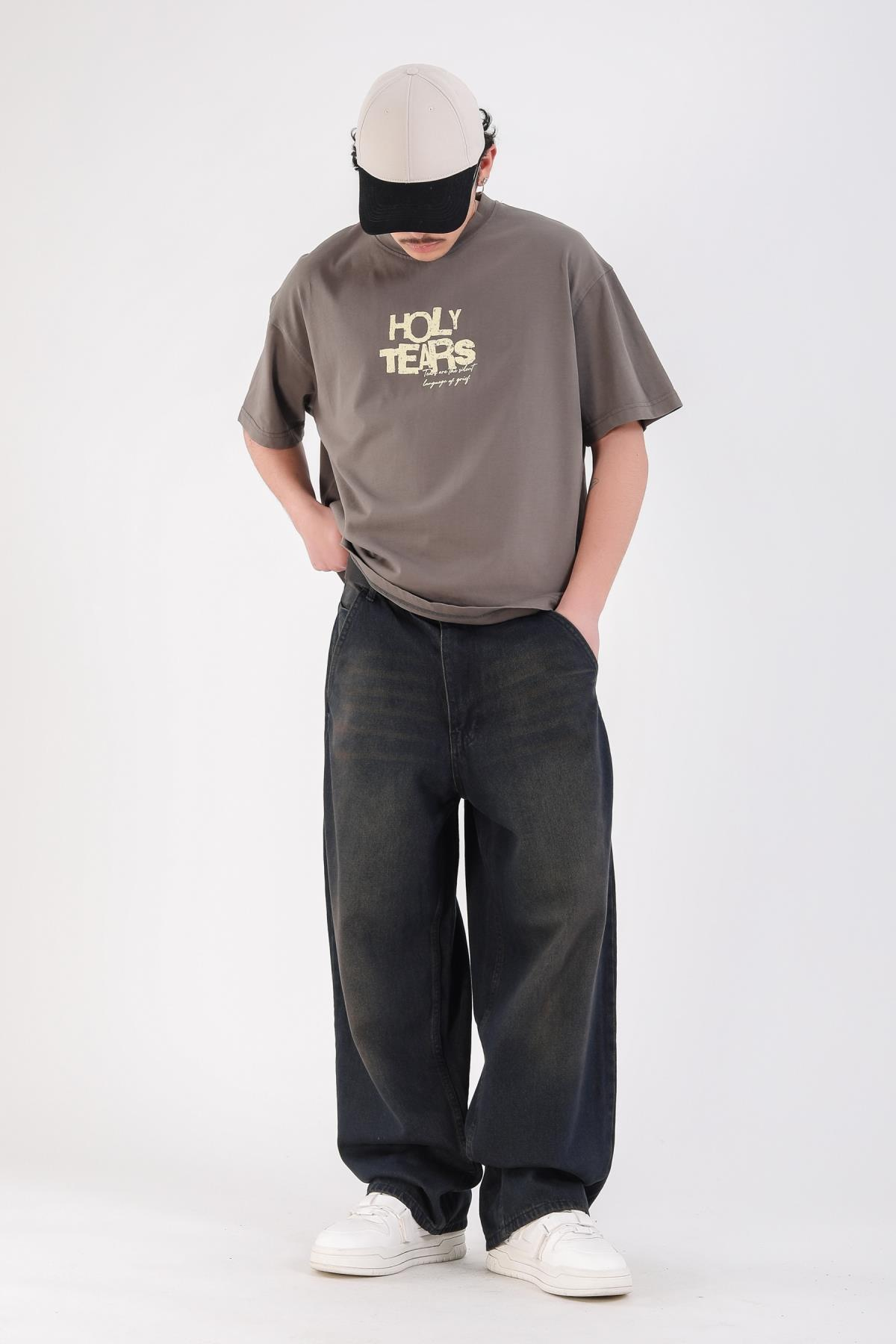 Baskılı Füme Acid Wash Oversize Holy Tshirt
