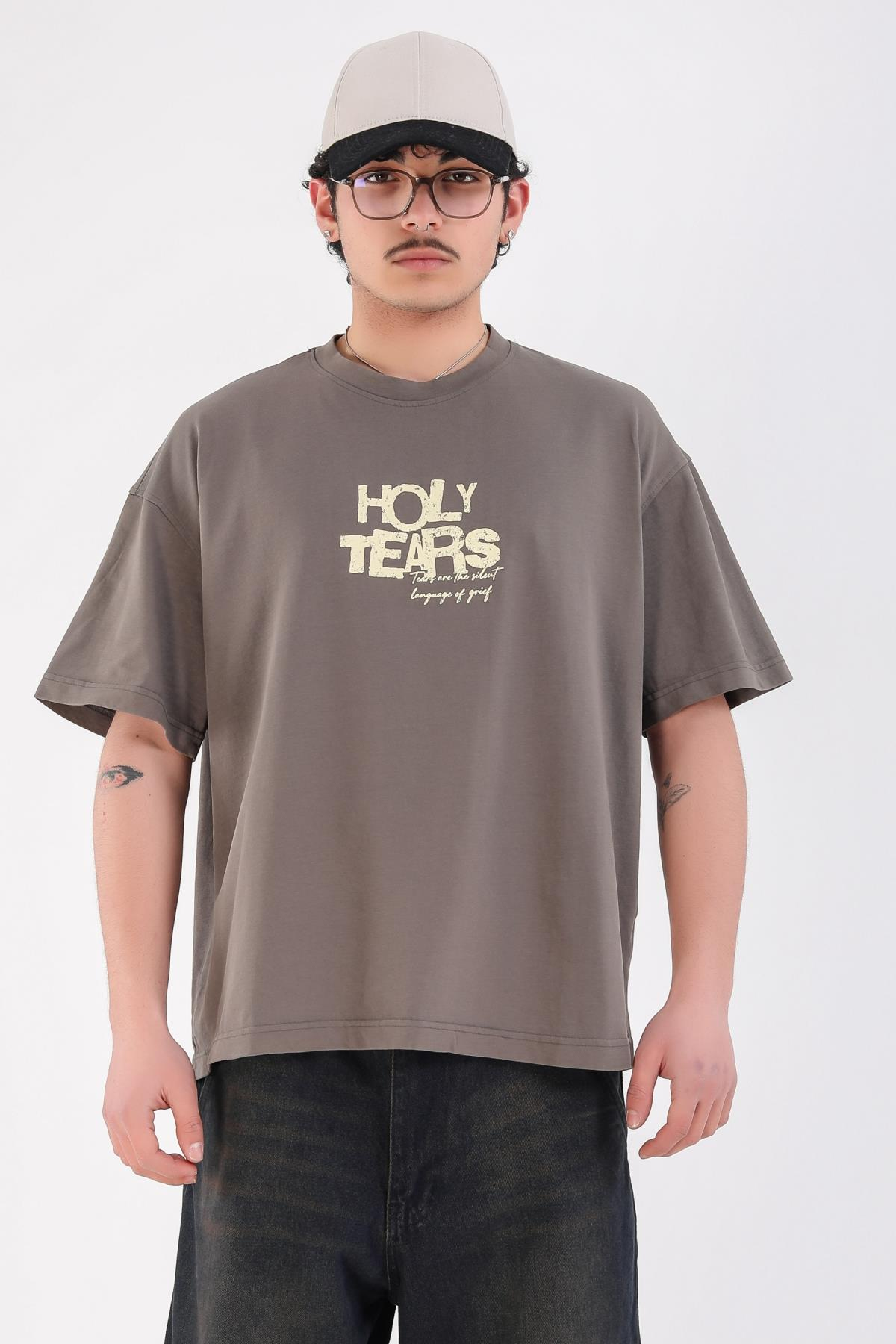 Baskılı Füme Acid Wash Oversize Holy Tshirt