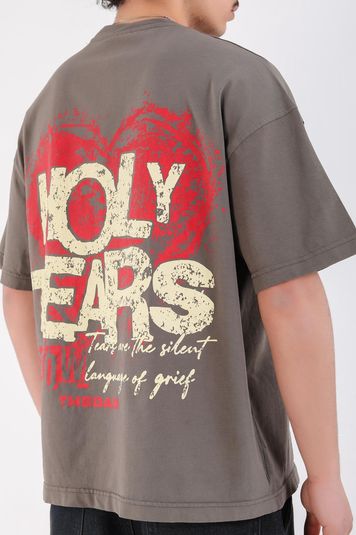 Baskılı Füme Acid Wash Oversize Holy Tshirt