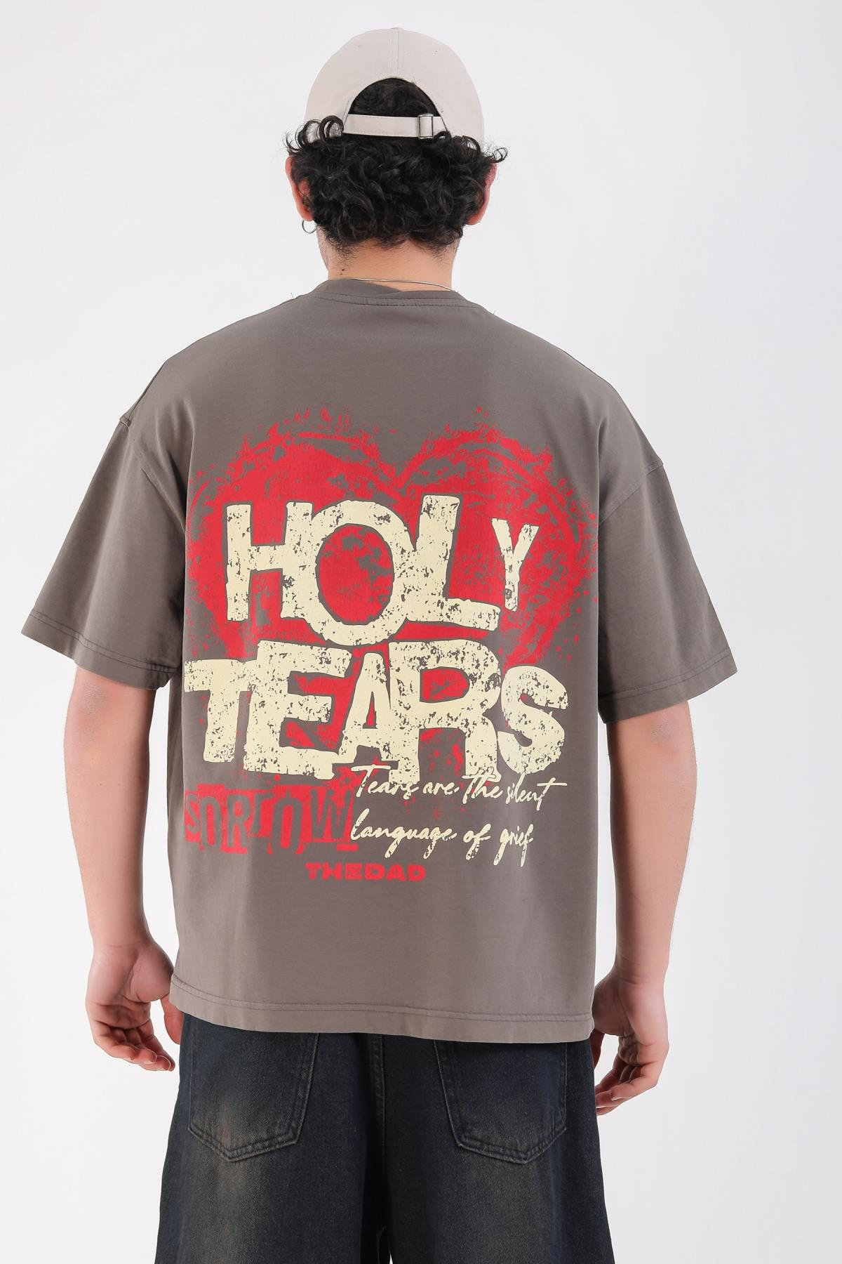 Baskılı Füme Acid Wash Oversize Holy Tshirt