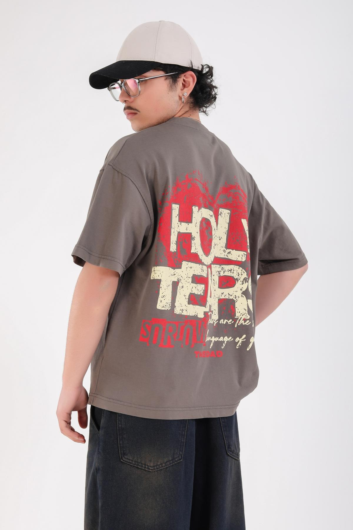 Baskılı Füme Acid Wash Oversize Holy Tshirt