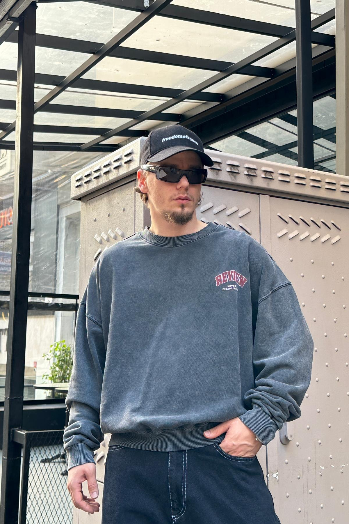 Baskılı Füme Acid Wash Oversize Sweatshirt SW983