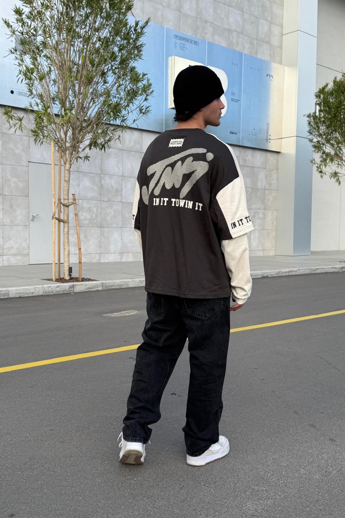 Baskılı Füme Oversize Sweatshirt JC01