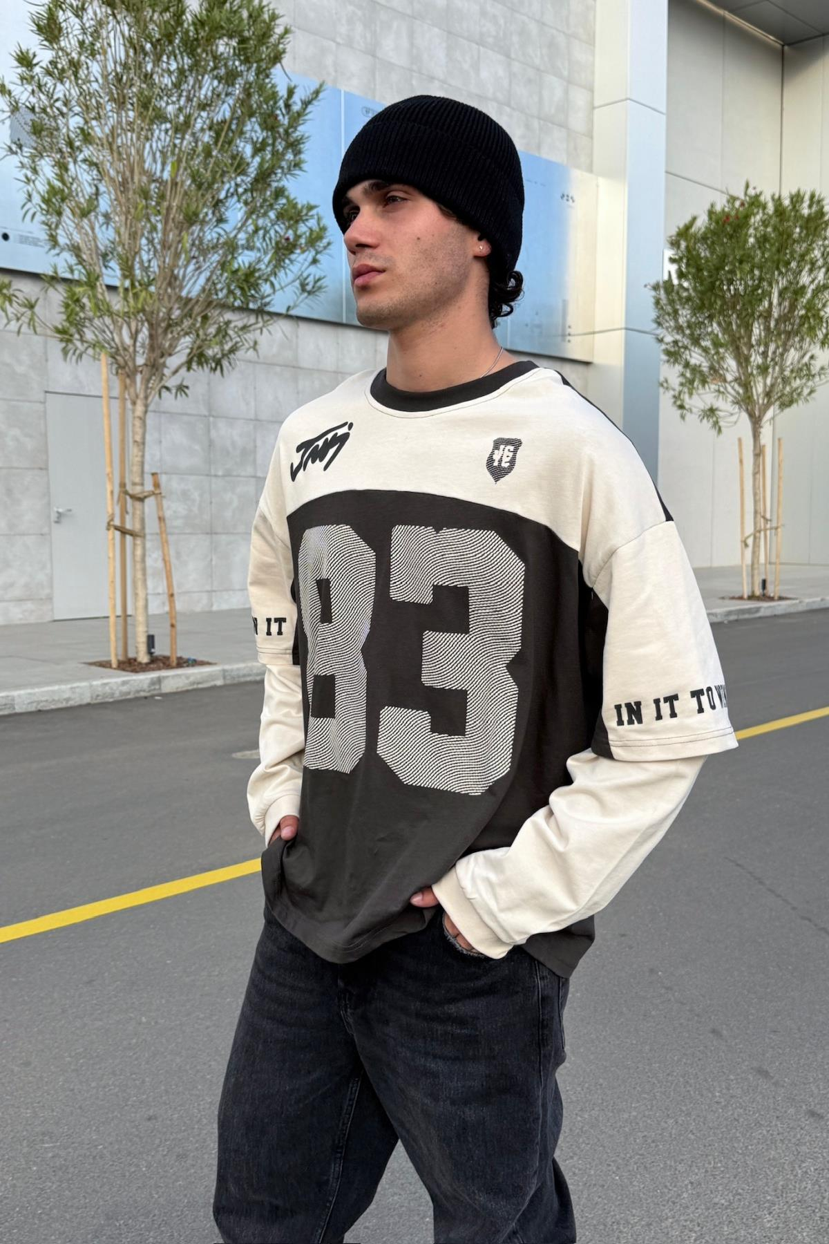 Baskılı Füme Oversize Sweatshirt JC01