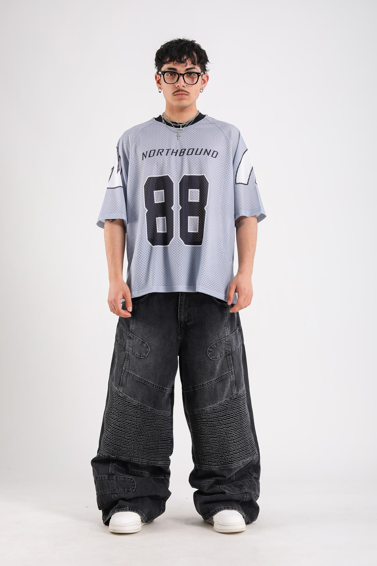 Baskılı Gri Oversize File Forma