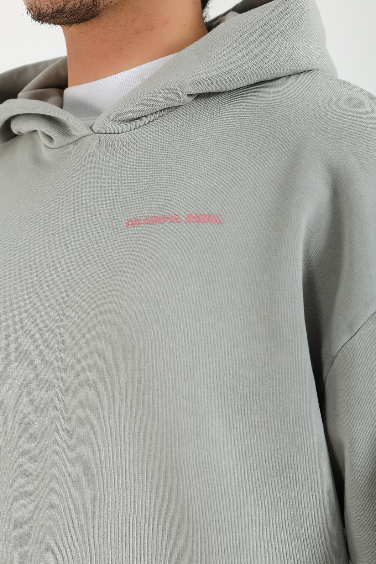 Baskılı Gri Oversize Hoodie SW1396