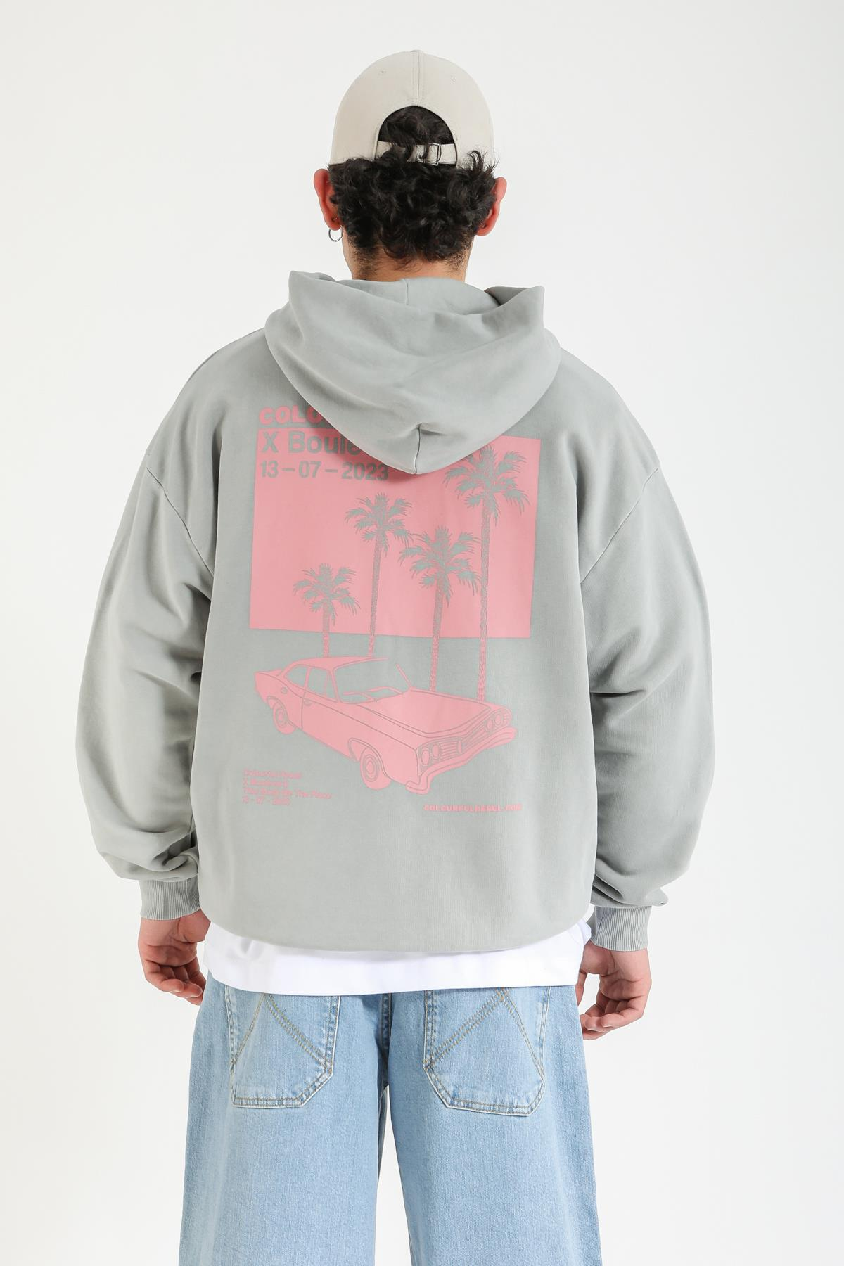 Baskılı Gri Oversize Hoodie SW1396