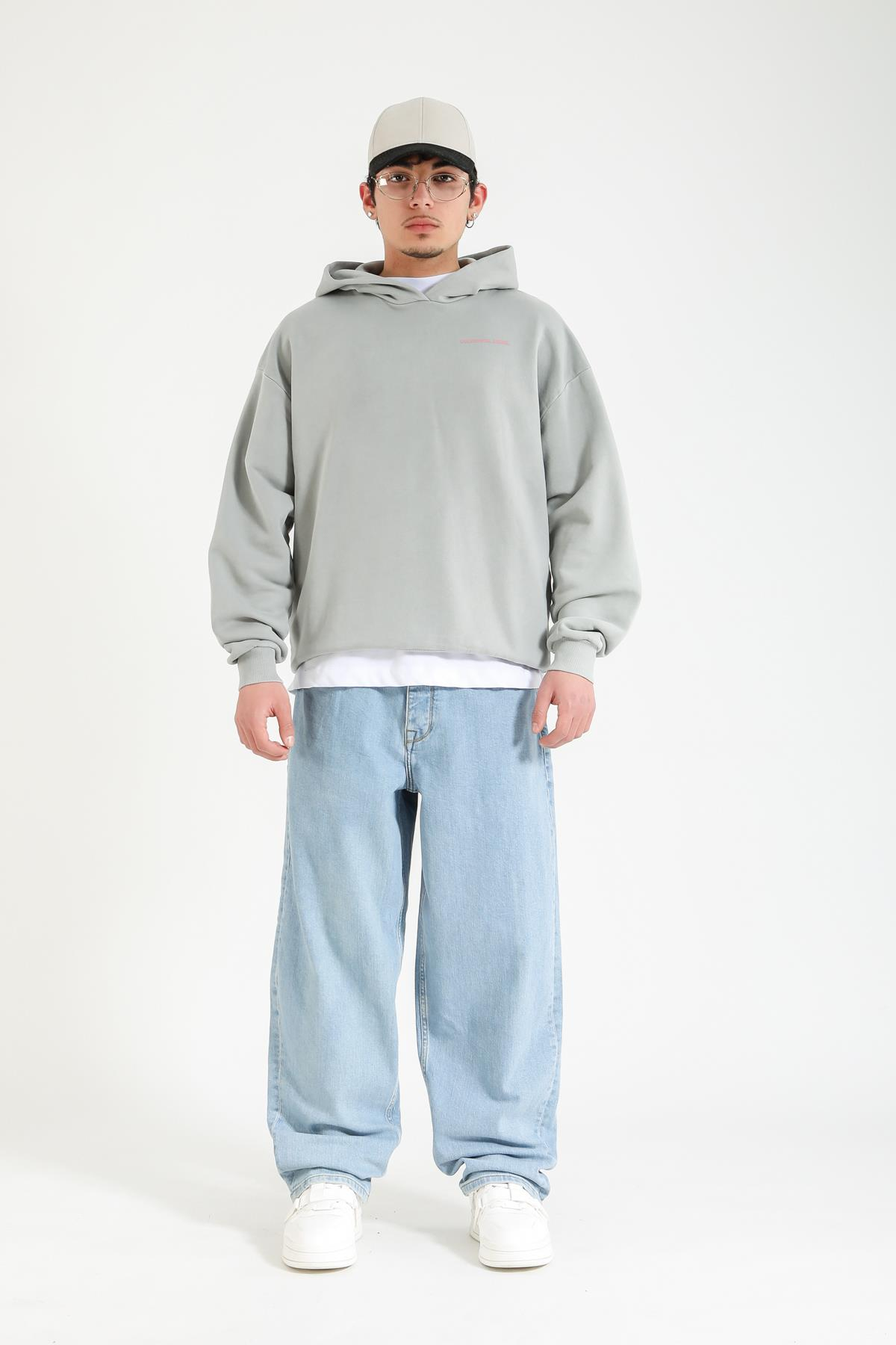 Baskılı Gri Oversize Hoodie SW1396