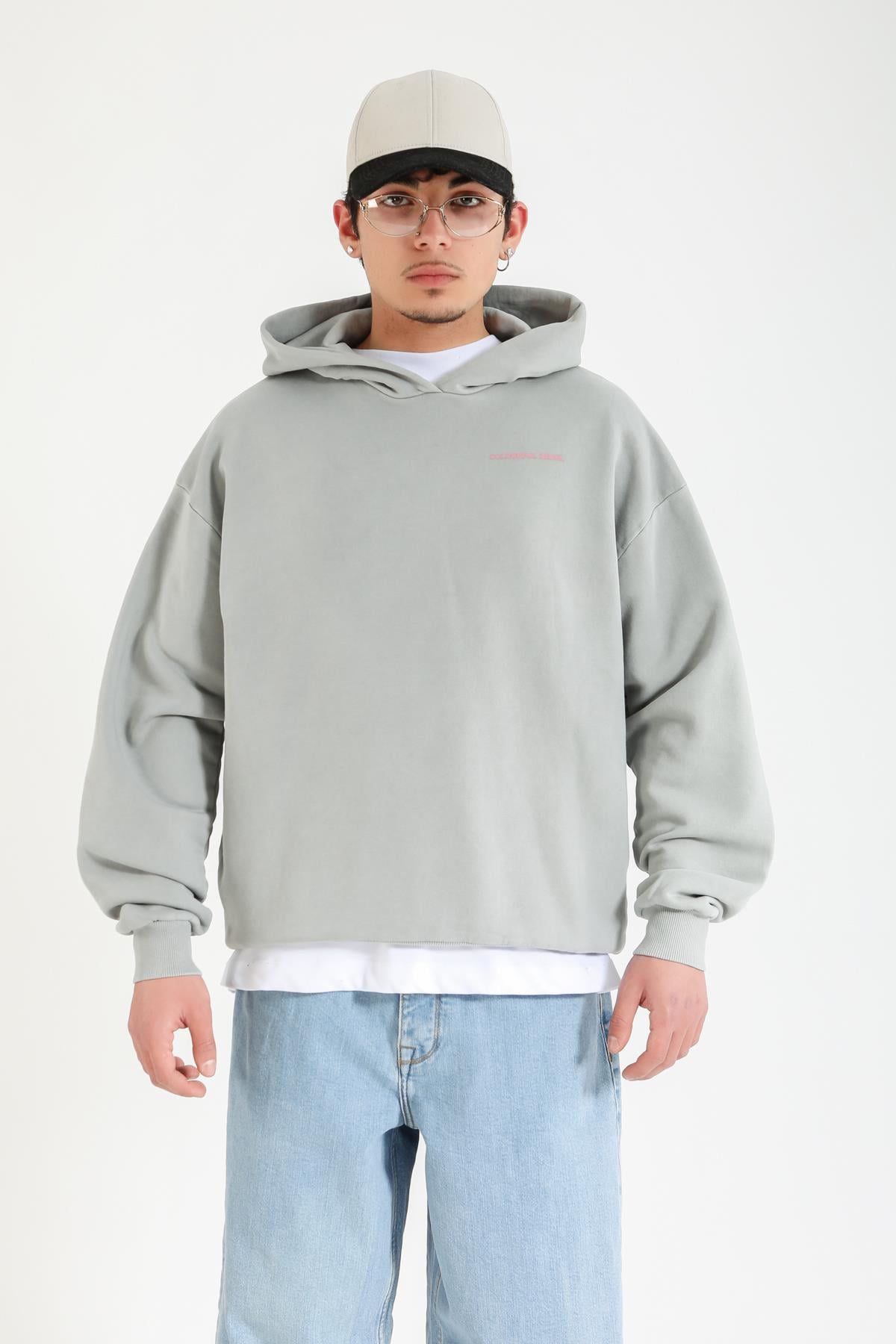 Baskılı Gri Oversize Hoodie SW1396