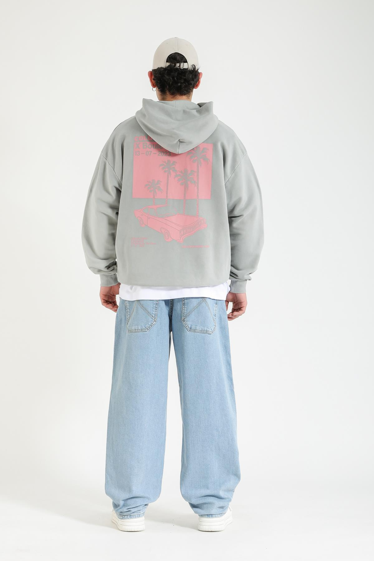 Baskılı Gri Oversize Hoodie SW1396