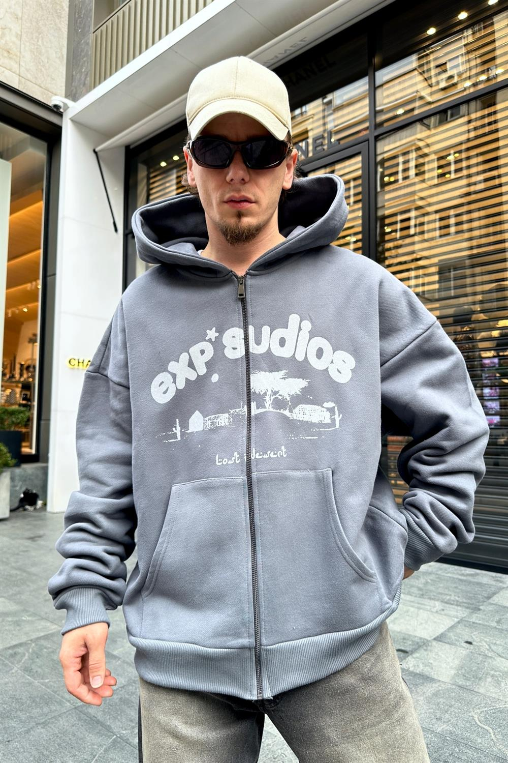 Baskılı Gri Zipper Oversize Sweatshirt SW944