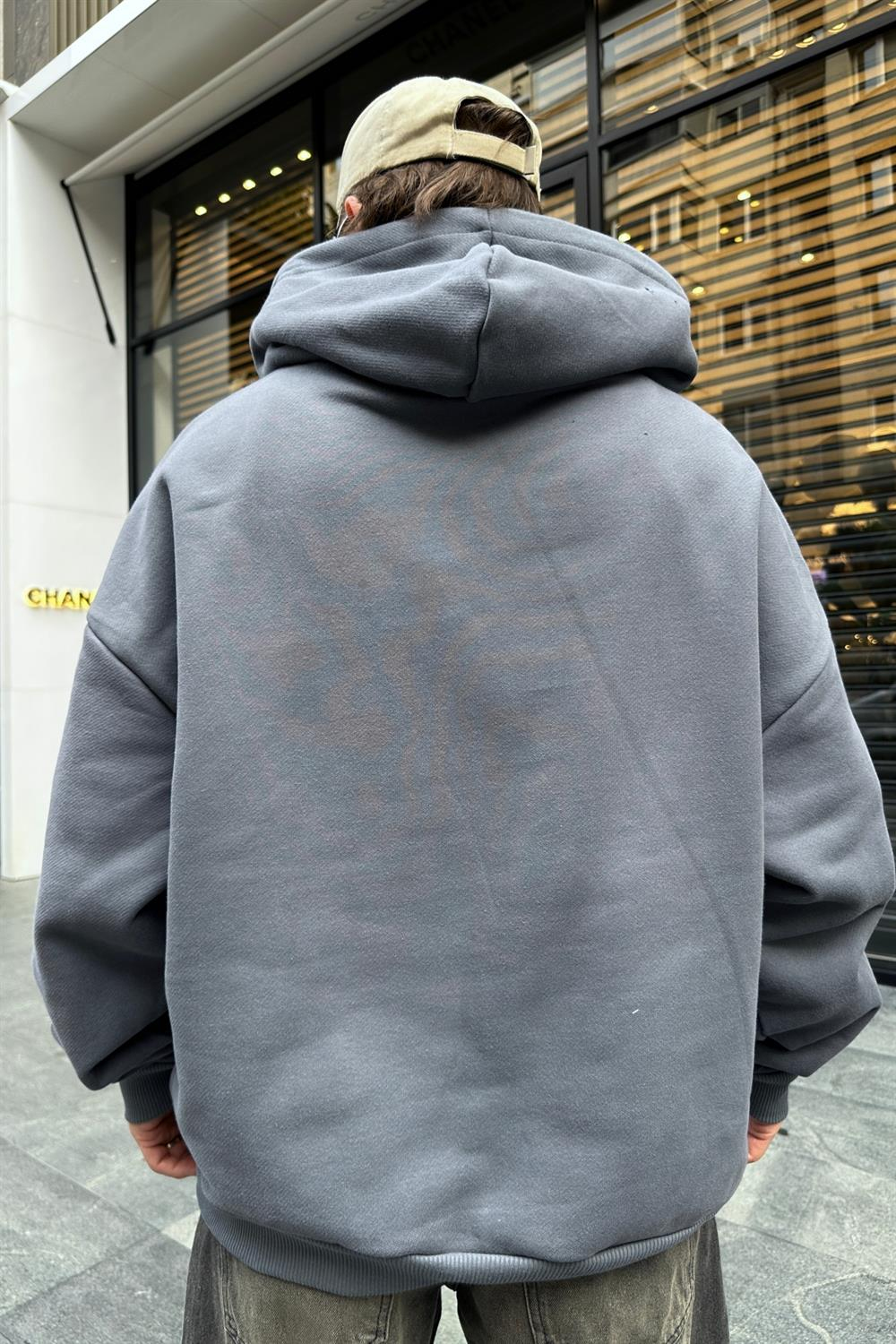 Baskılı Gri Zipper Oversize Sweatshirt SW944