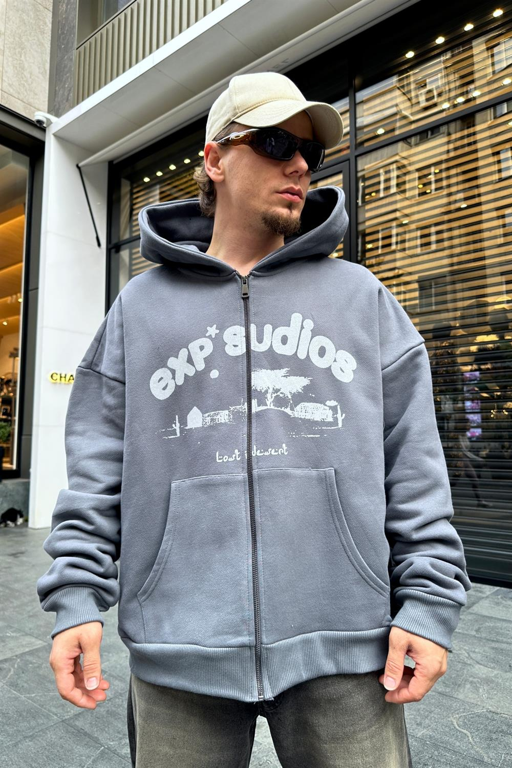 Baskılı Gri Zipper Oversize Sweatshirt SW944