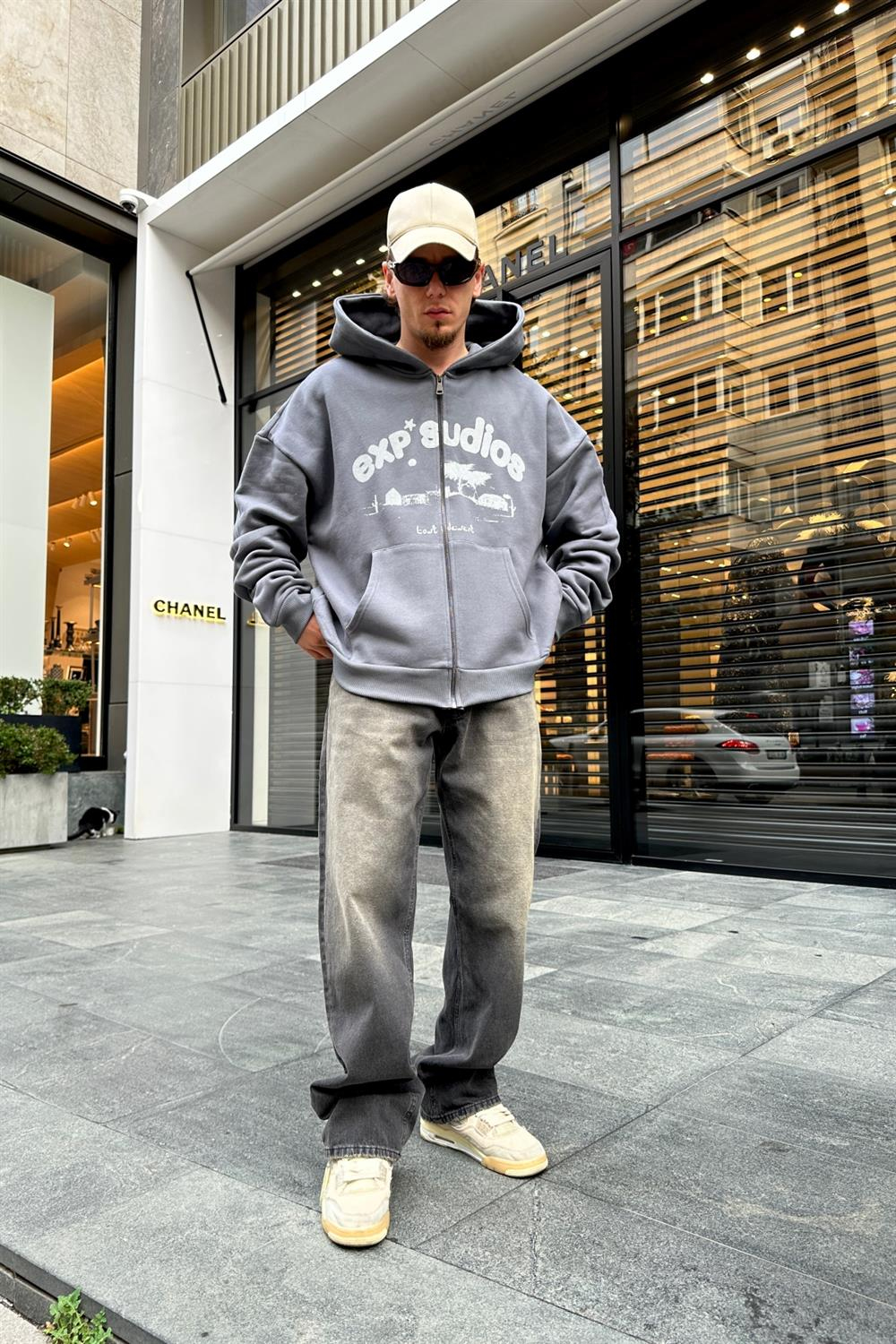 Baskılı Gri Zipper Oversize Sweatshirt SW944