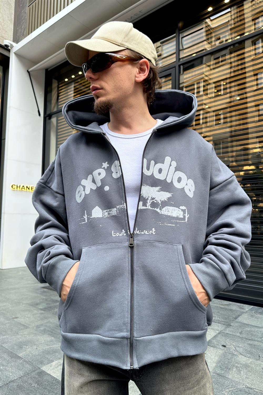 Baskılı Gri Zipper Oversize Sweatshirt SW944