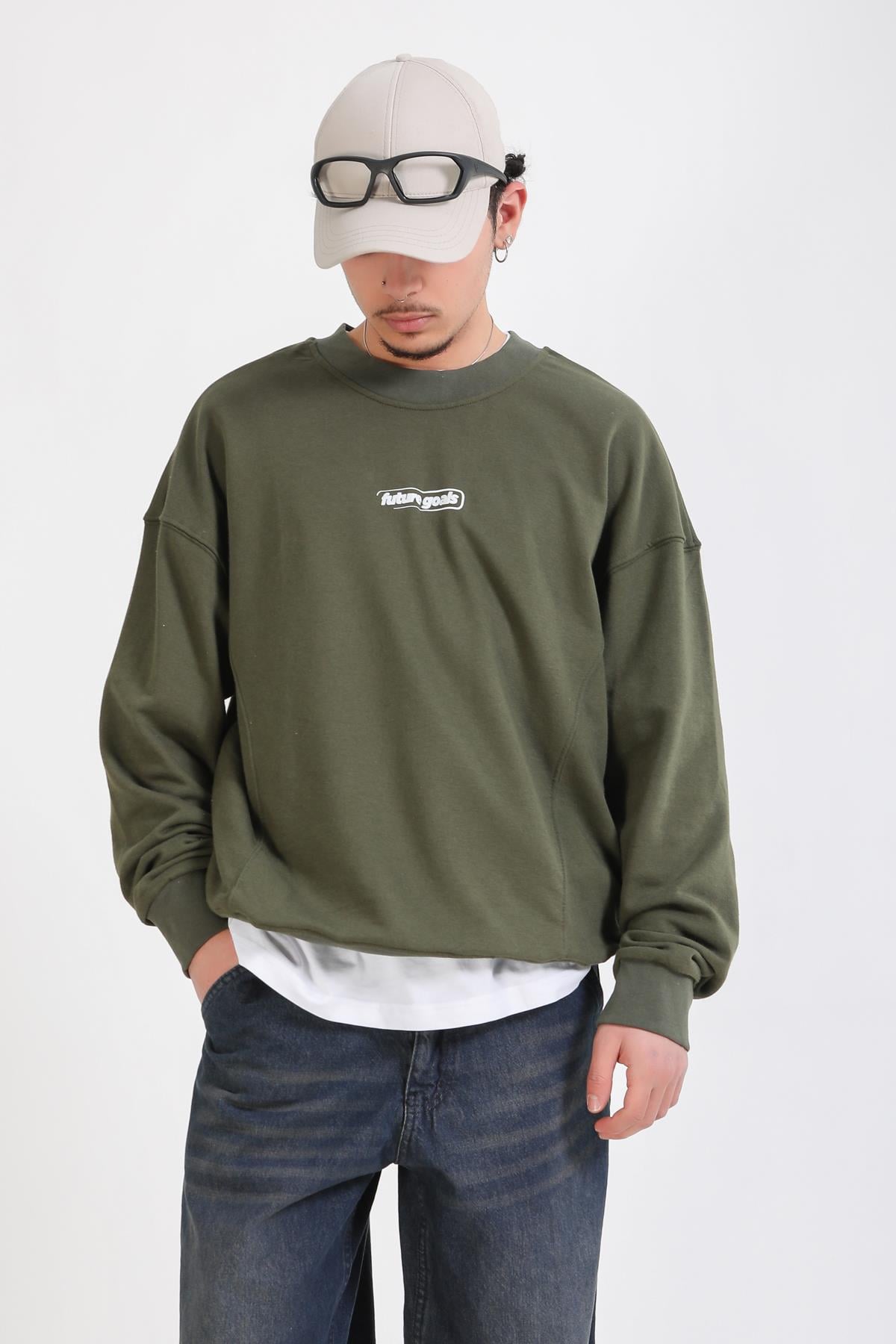 Baskılı Haki Oversize Future Sweatshirt