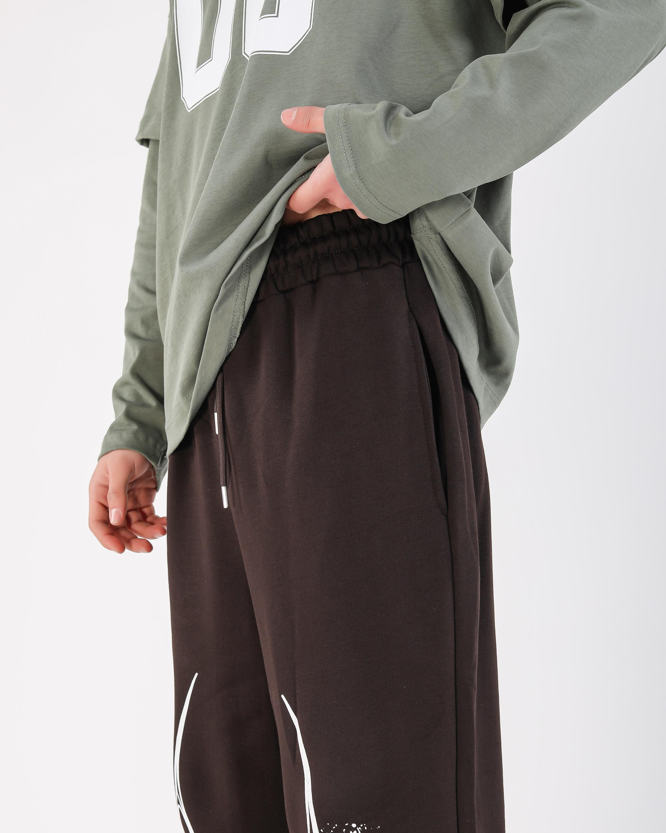 Baskılı Kahve Baggy Fit Eşofman Altı