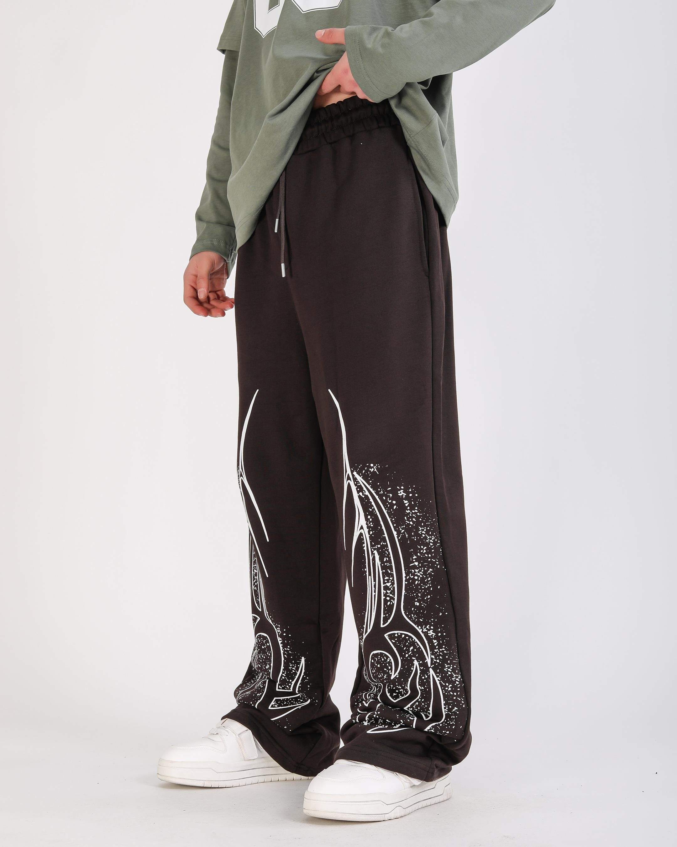 Baskılı Kahve Baggy Fit Eşofman Altı